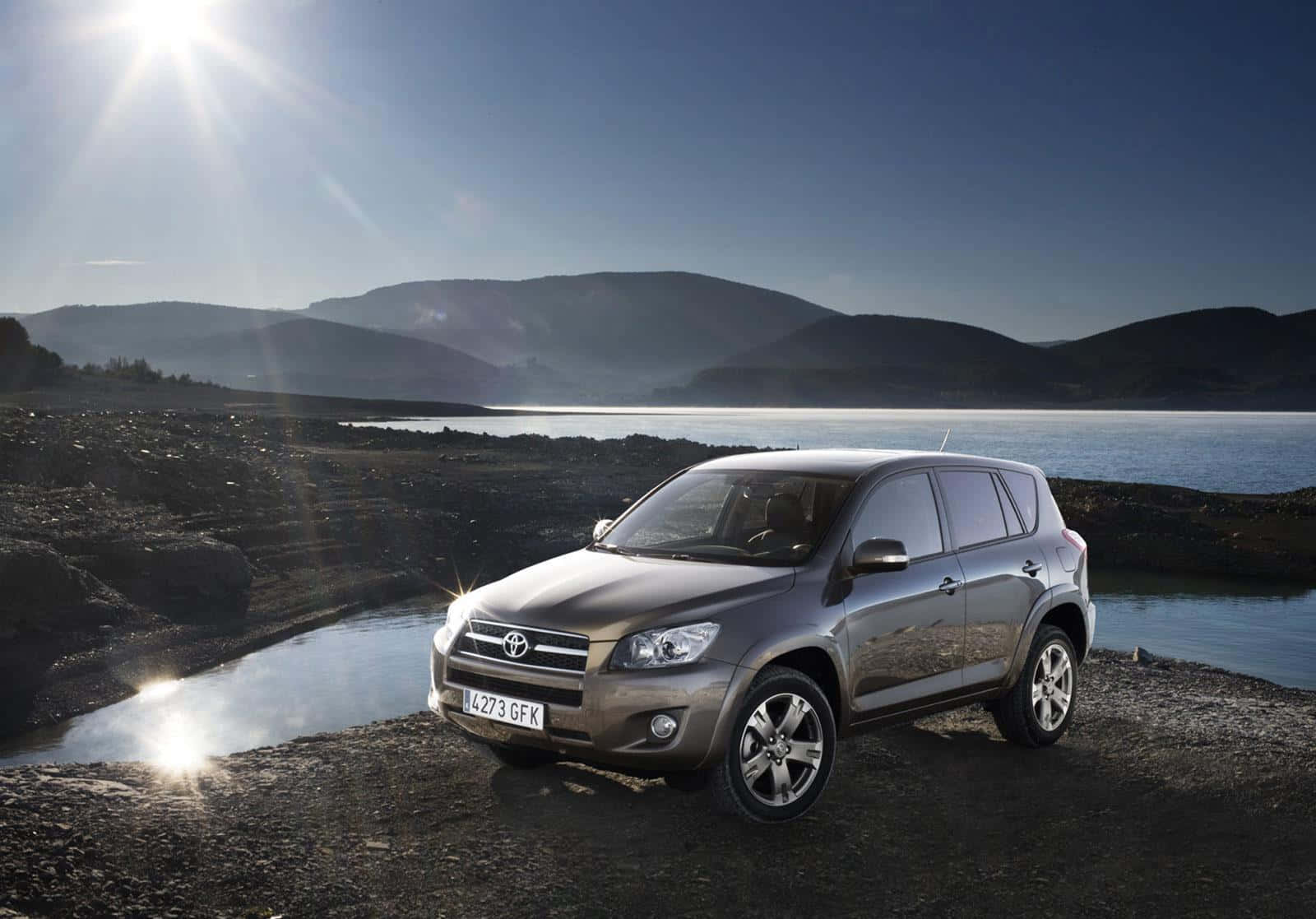 Toyota RAV4, silver, rocky lakeshore, HD Desktop Wallpaper