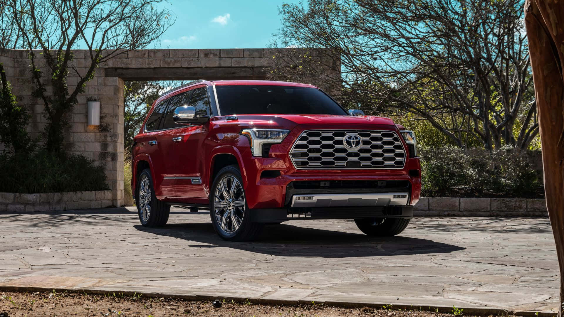Toyota Sequoia, glossy red, stone archway, Full HD Desktop Wallpaper