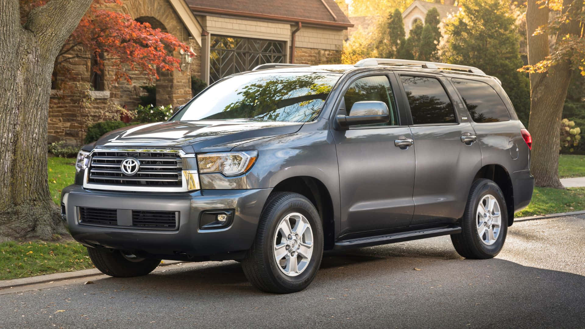 Toyota Sequoia, sleek gray, autumn trees, Full HD Desktop Wallpaper