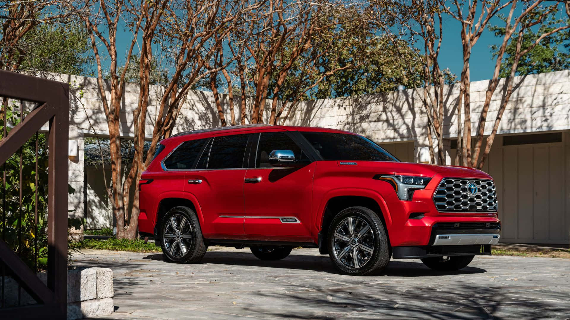 Toyota Sequoia, vibrant red, sunlit concrete driveway, Full HD Desktop Wallpaper