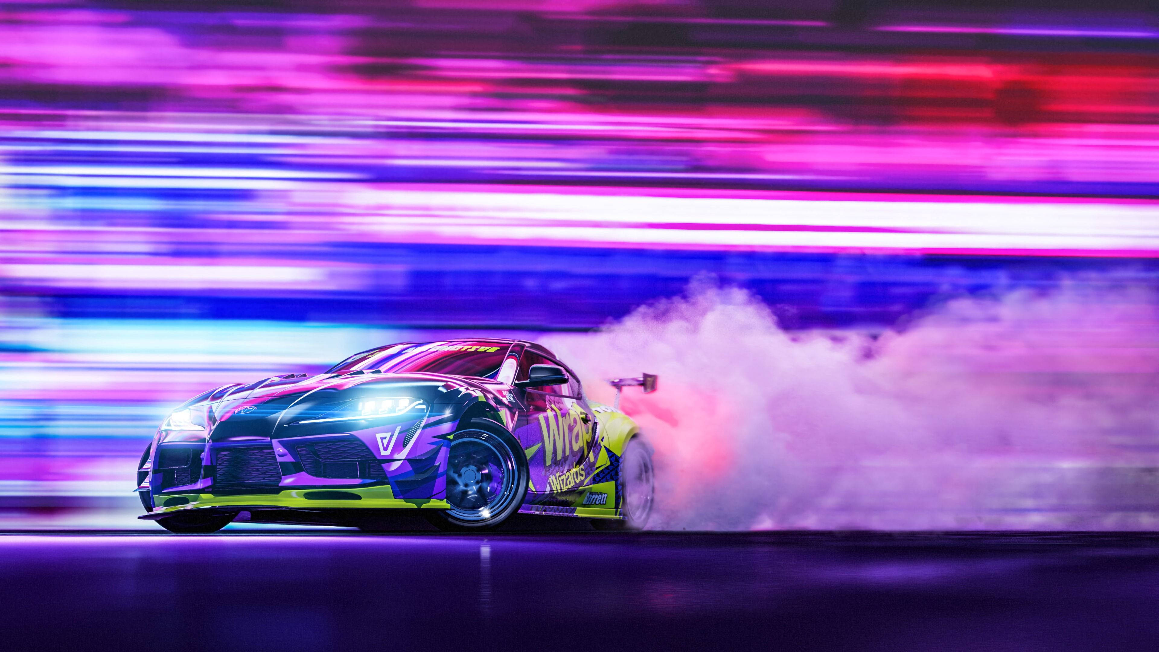 neon-lit, drift car, streaked purple and blue light background, 4K Desktop Wallpaper