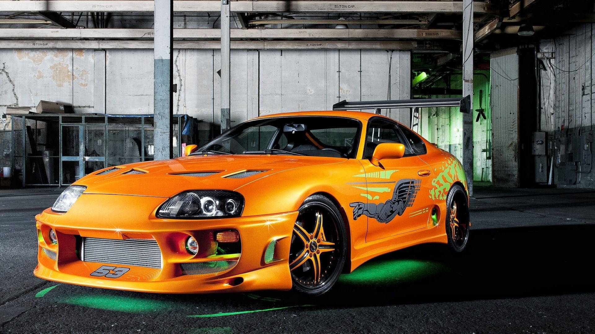 Toyota Supra, metallic orange, green underglow, Full HD Desktop Wallpaper