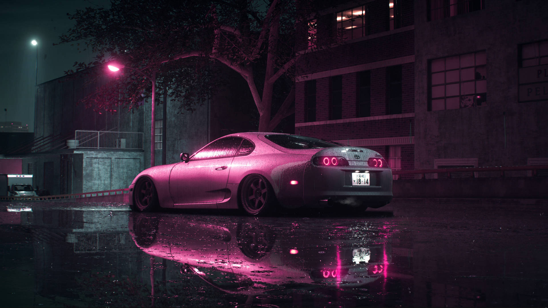 Pink Toyota Supra, rainy night, neon pink lights, Full HD Desktop Wallpaper