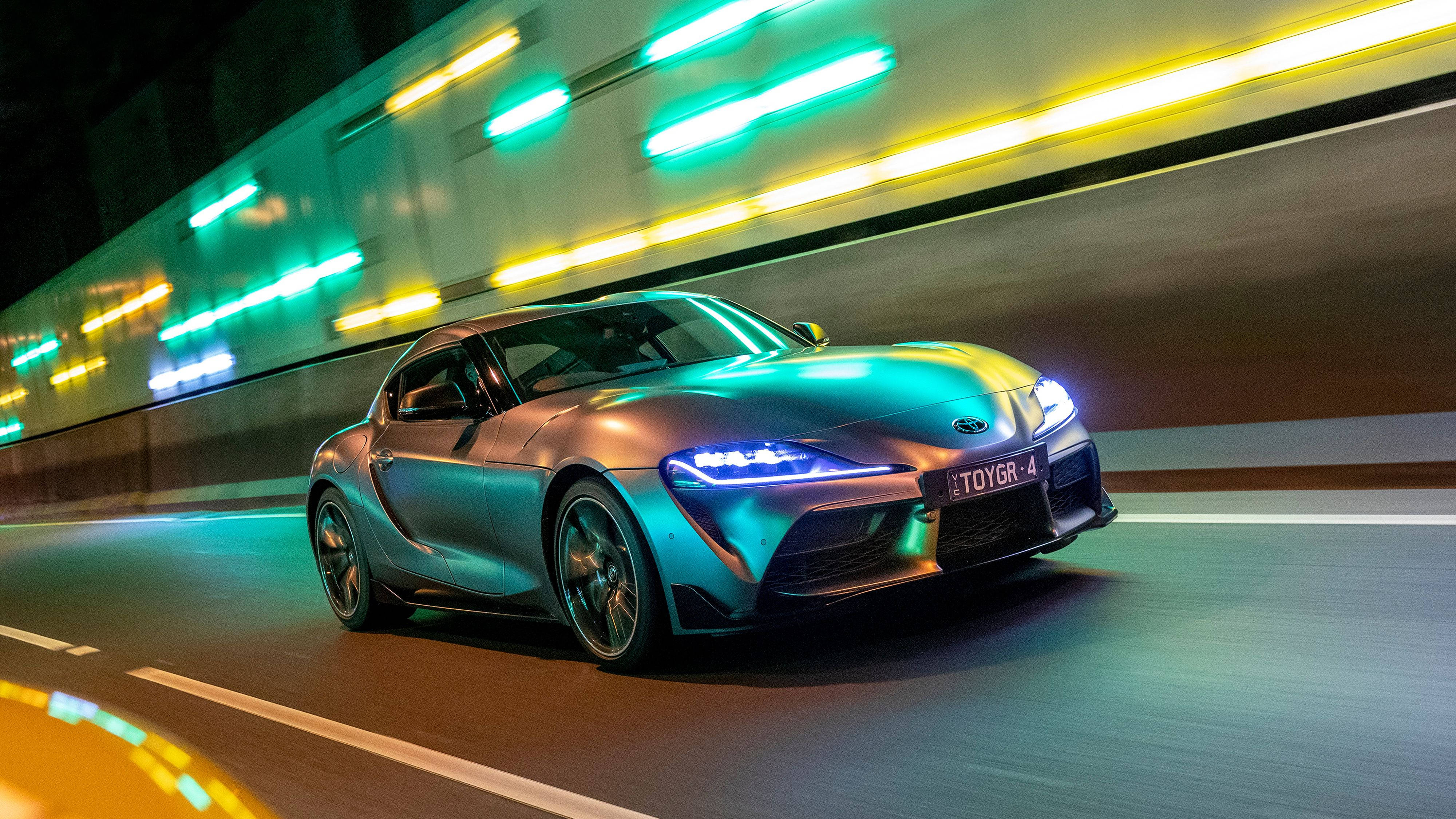 Toyota Supra, silver, neon lights, 4K Desktop Wallpaper