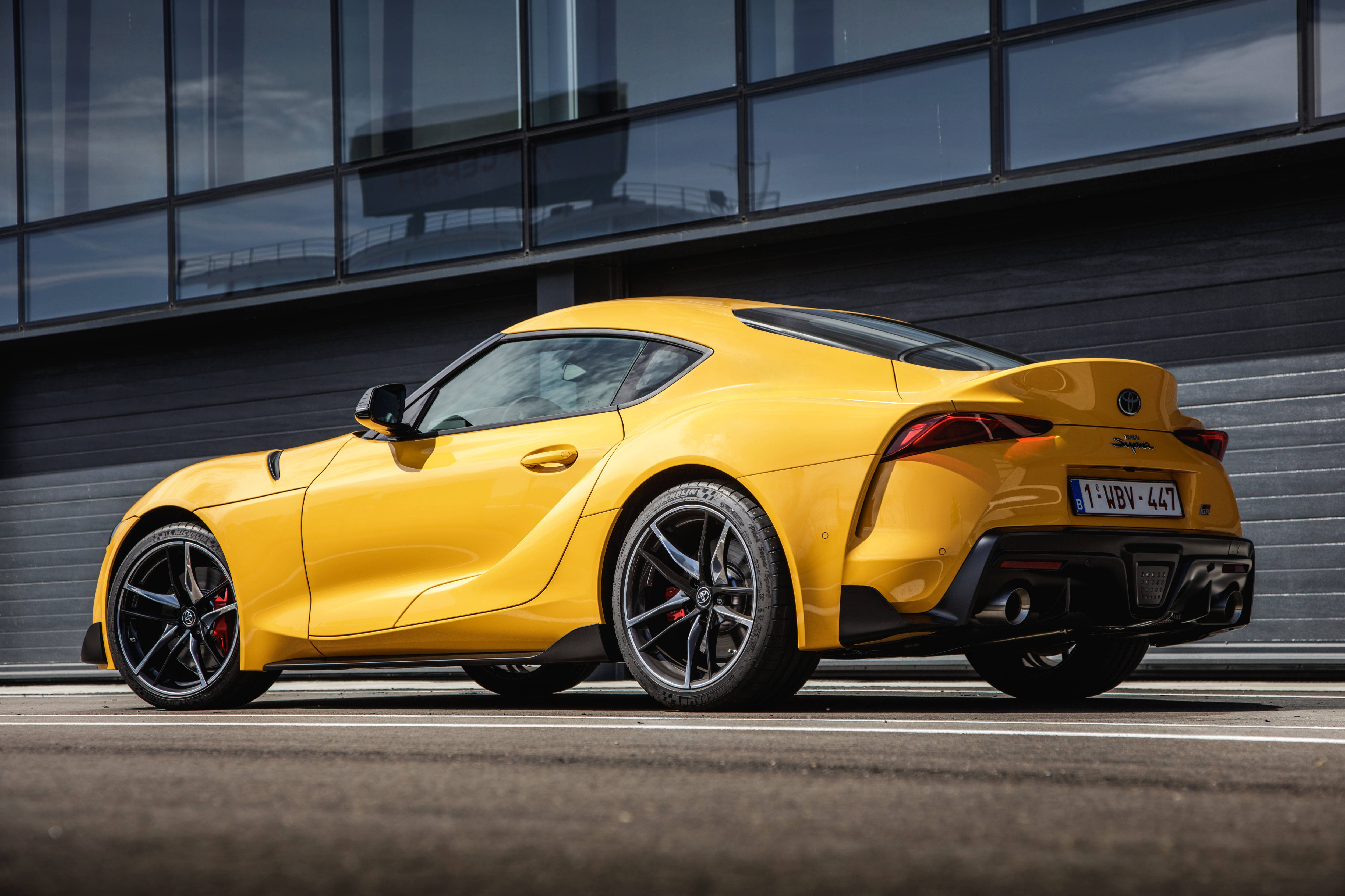 Toyota Supra, bright yellow, black rims, 4K Desktop Wallpaper