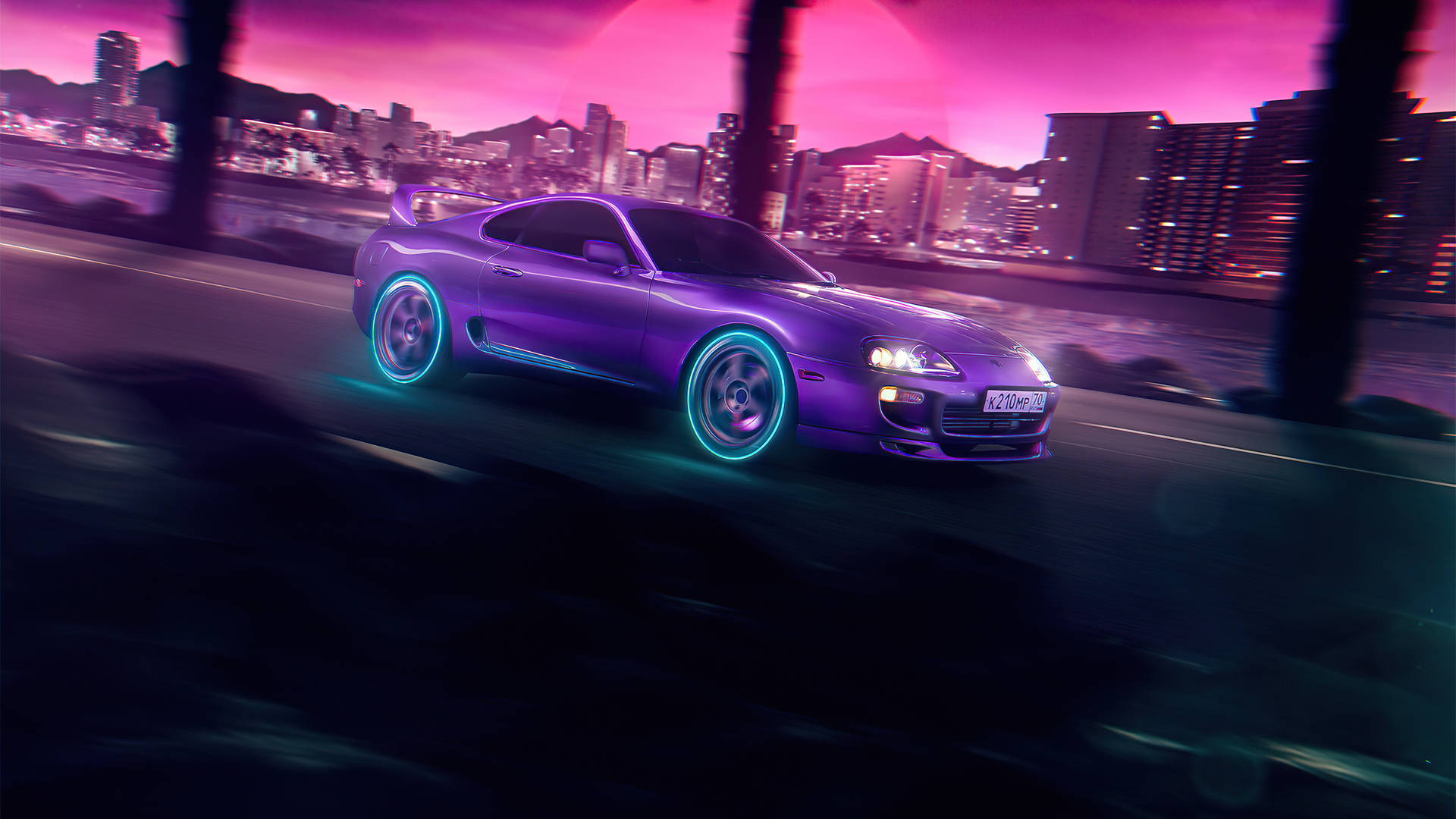 Neon Purple Toyota Supra, neon blue rims, vibrant pink and purple neon-lit cityscape, Full HD Desktop Wallpaper