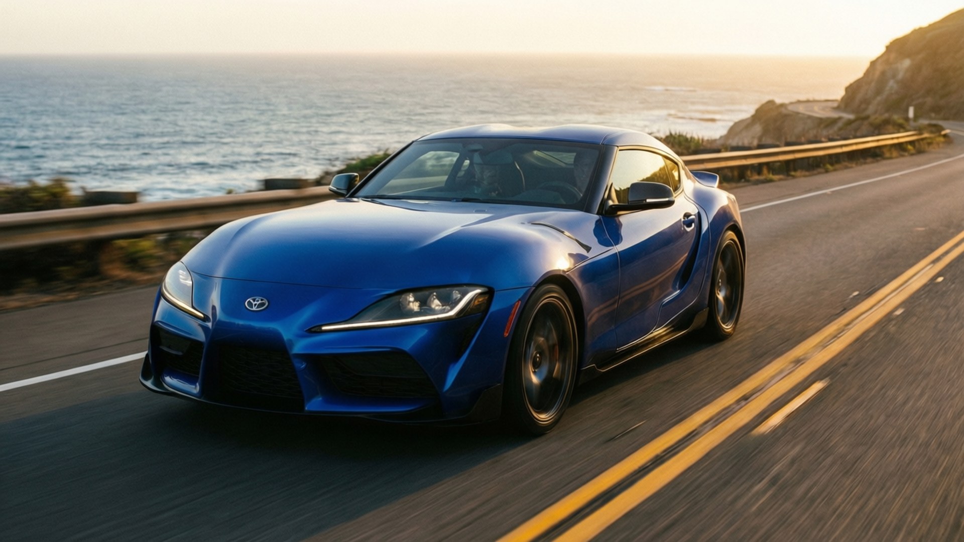 Toyota Supra, coastal highway, ocean waves, Full HD Desktop Wallpaper