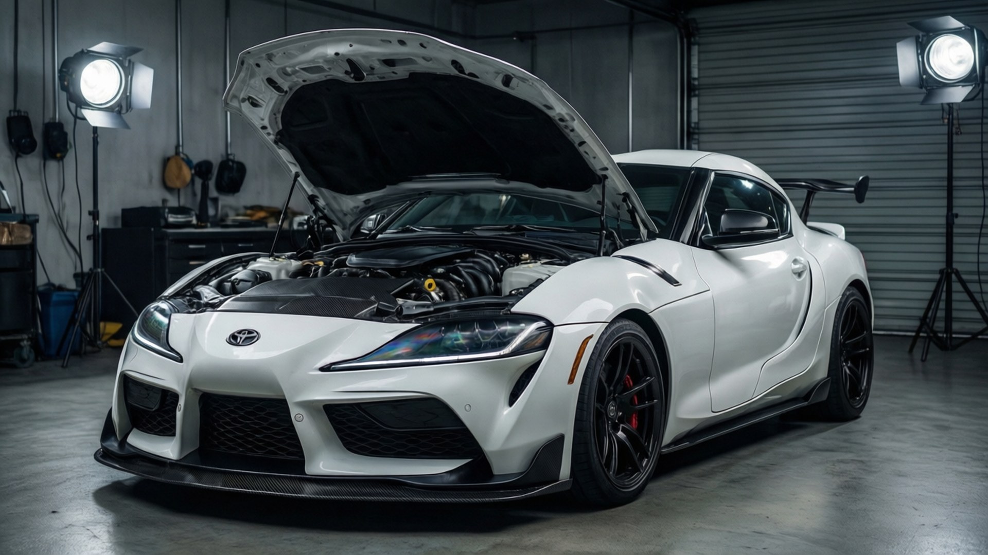 Toyota Supra, white, hood open, Full HD Desktop Wallpaper