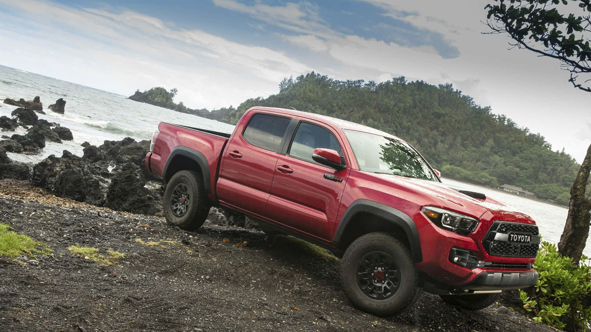 Toyota Tacoma, vibrant red, rocky coastal shore, Full HD Desktop Wallpaper