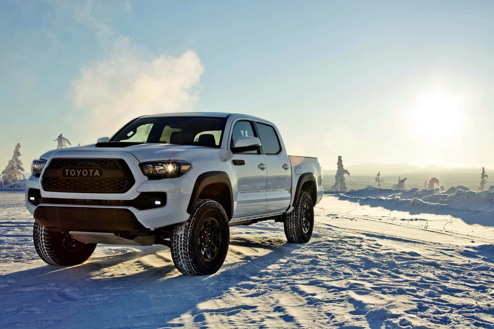 white Toyota Tacoma, snow-covered road, bright winter sun, HD Desktop Wallpaper