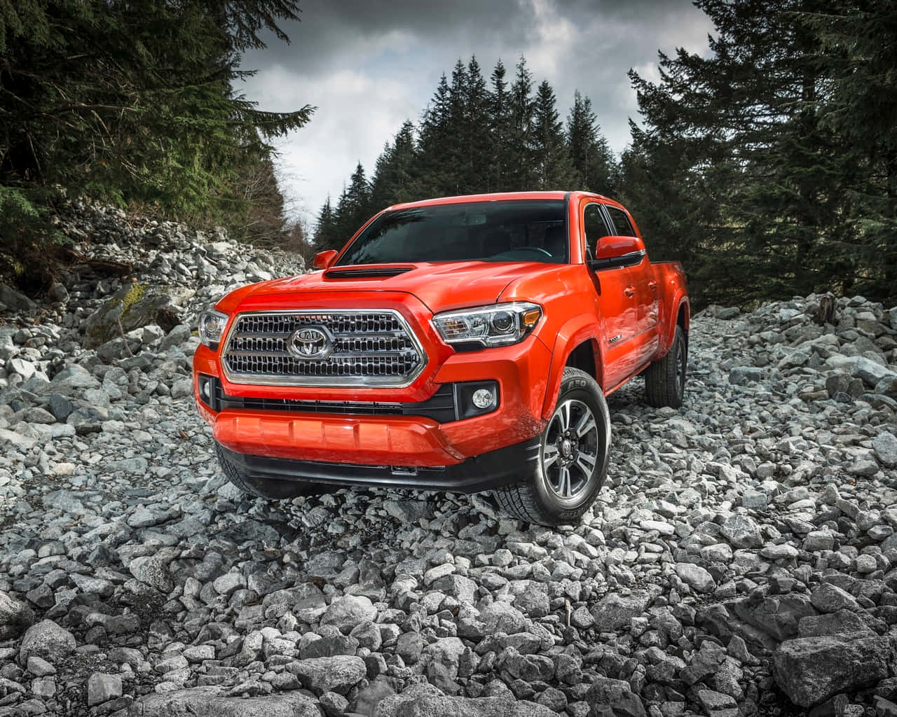 Toyota Tacoma, orange, rocky forest trail, HD Desktop Wallpaper
