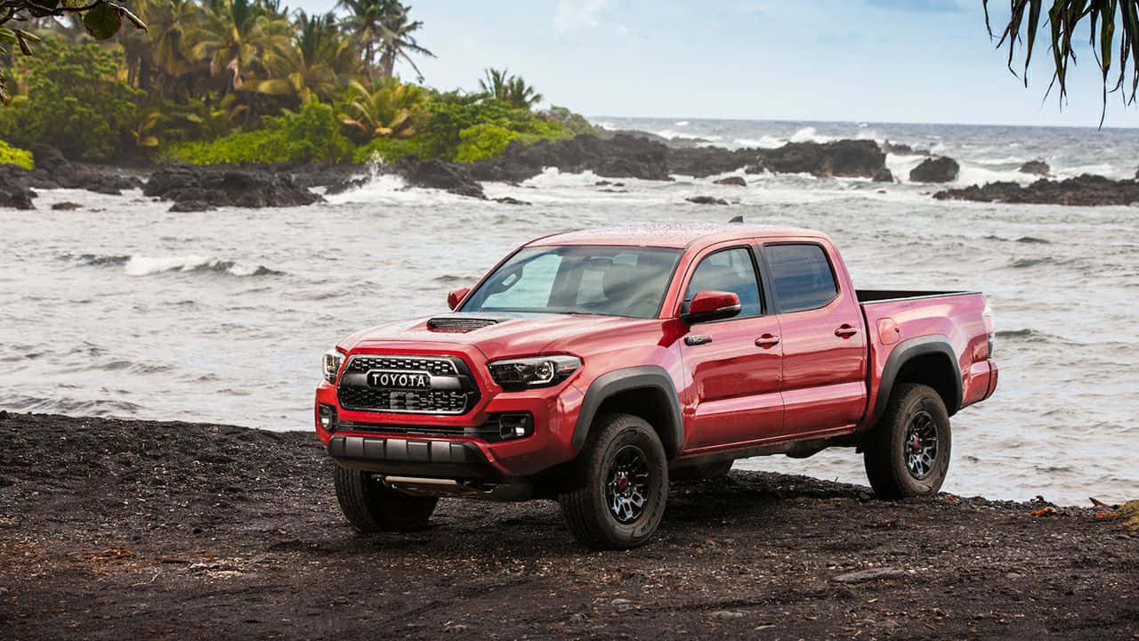 Toyota Tacoma, vibrant red, black volcanic beach, HD Desktop Wallpaper