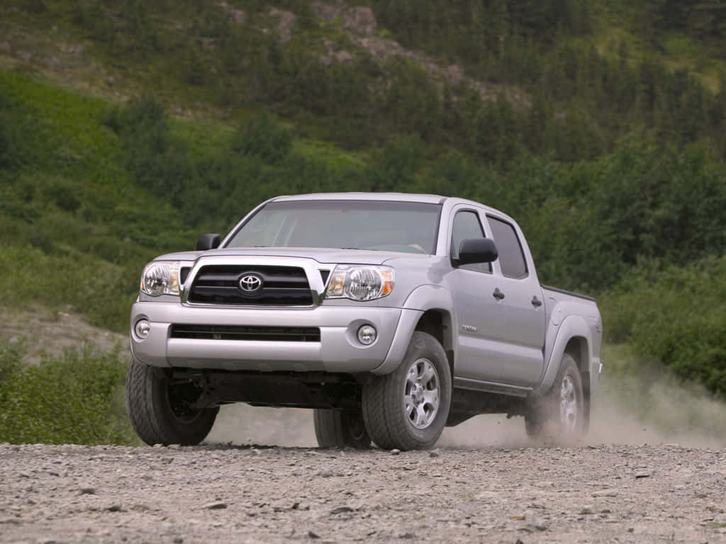 Toyota Tacoma, silver, rocky gravel path, SD Desktop Wallpaper