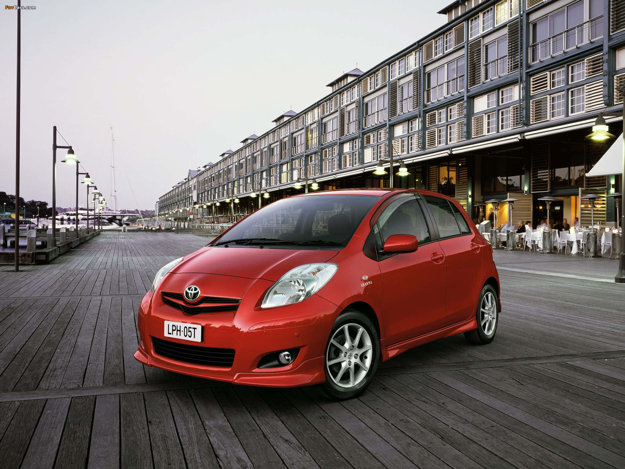 Toyota Yaris, vibrant red, wooden pier, Full HD Desktop Wallpaper