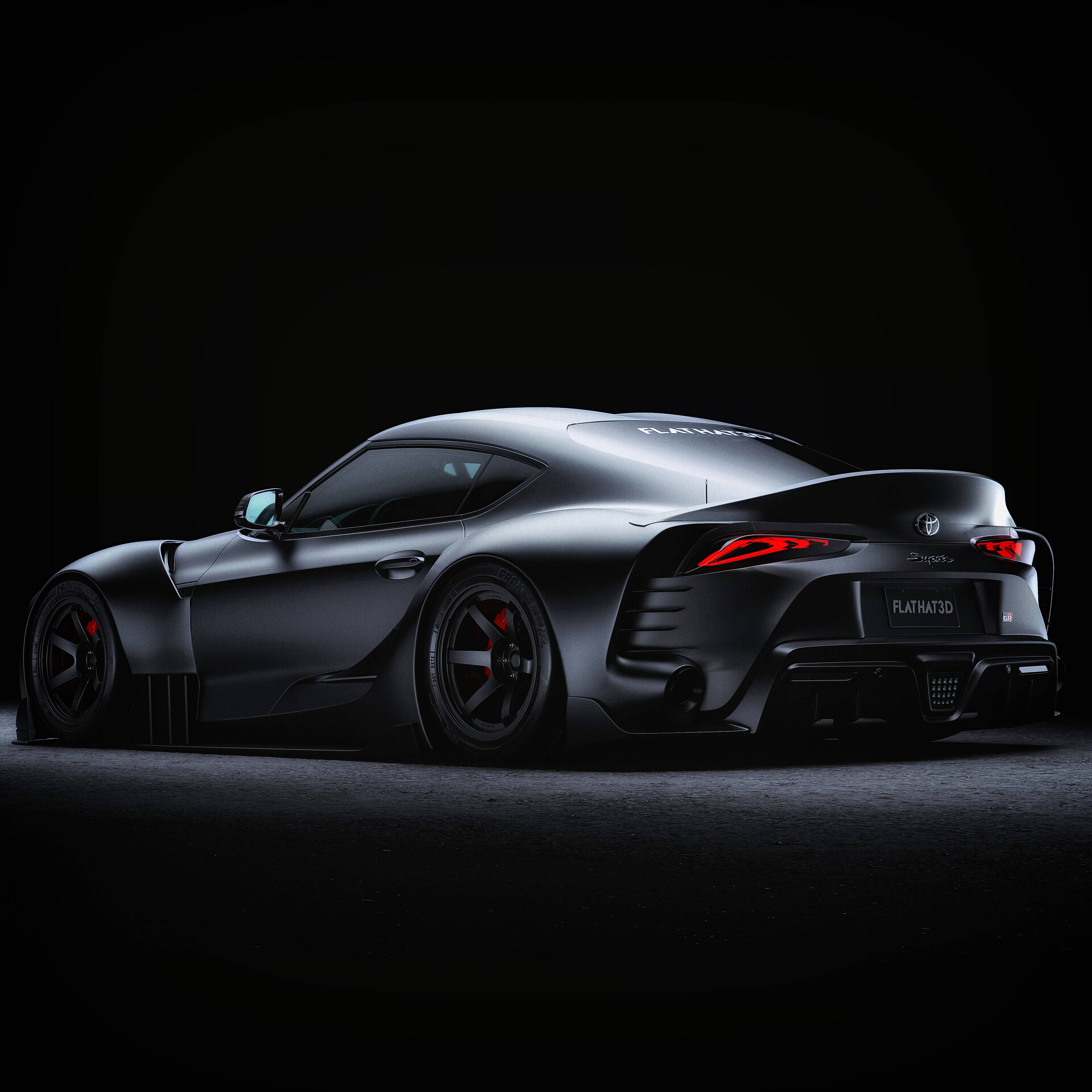 matte black, sports car, glowing red taillights, 4K Desktop Wallpaper