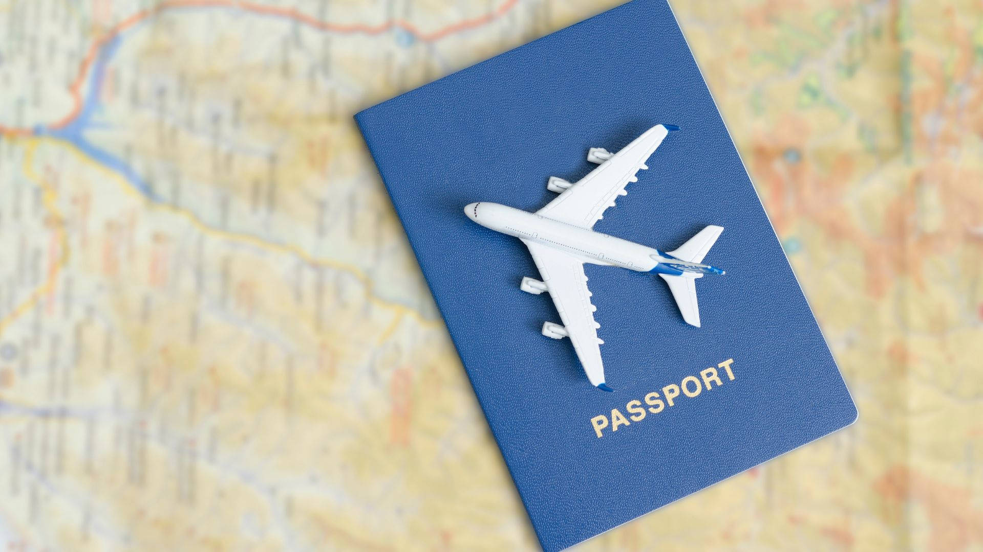 white airplane model, blue passport, detailed map, Full HD Desktop Wallpaper