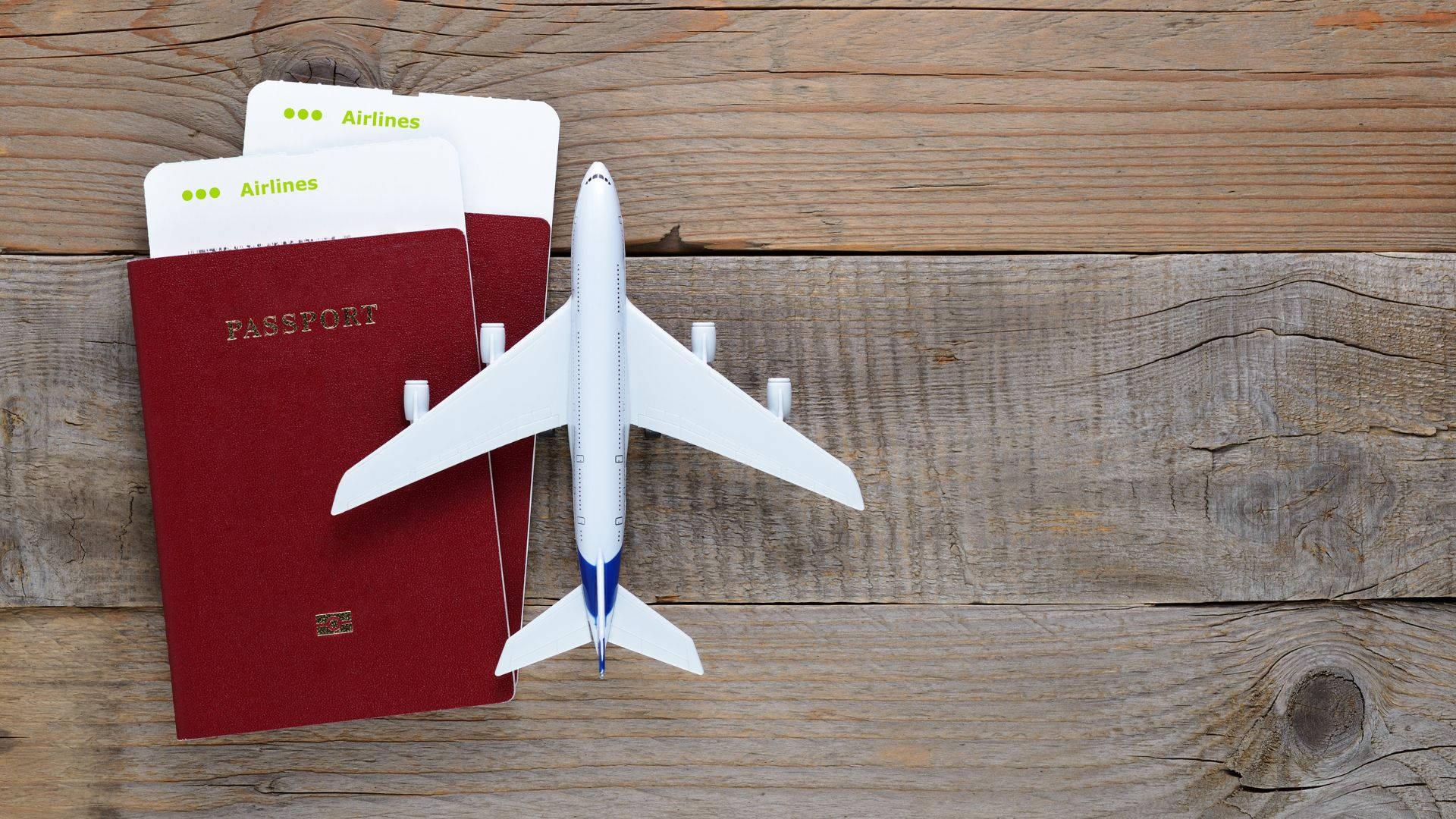 red passport, airline tickets, white airplane model, Full HD Desktop Wallpaper