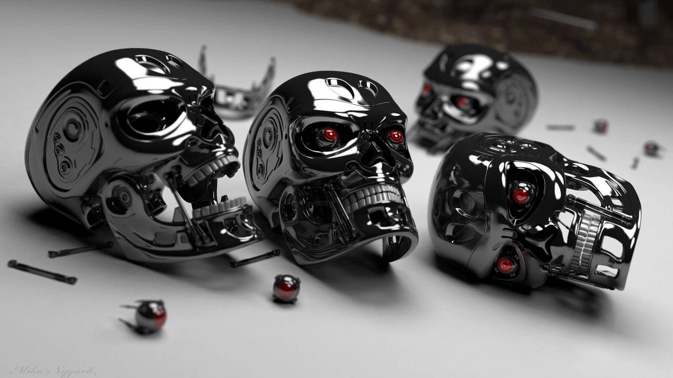glossy black robotic skulls, glowing red eyes, gray surface, HD Desktop Wallpaper