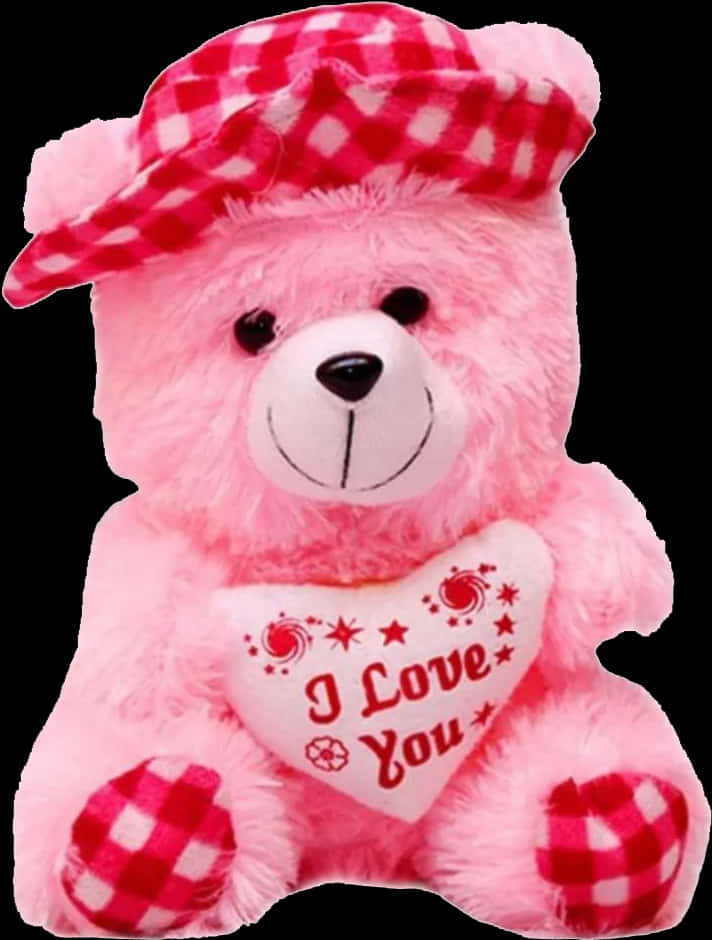 pink teddy bear, red and white checkered hat, heart that says I Love You, SD Phone Wallpaper