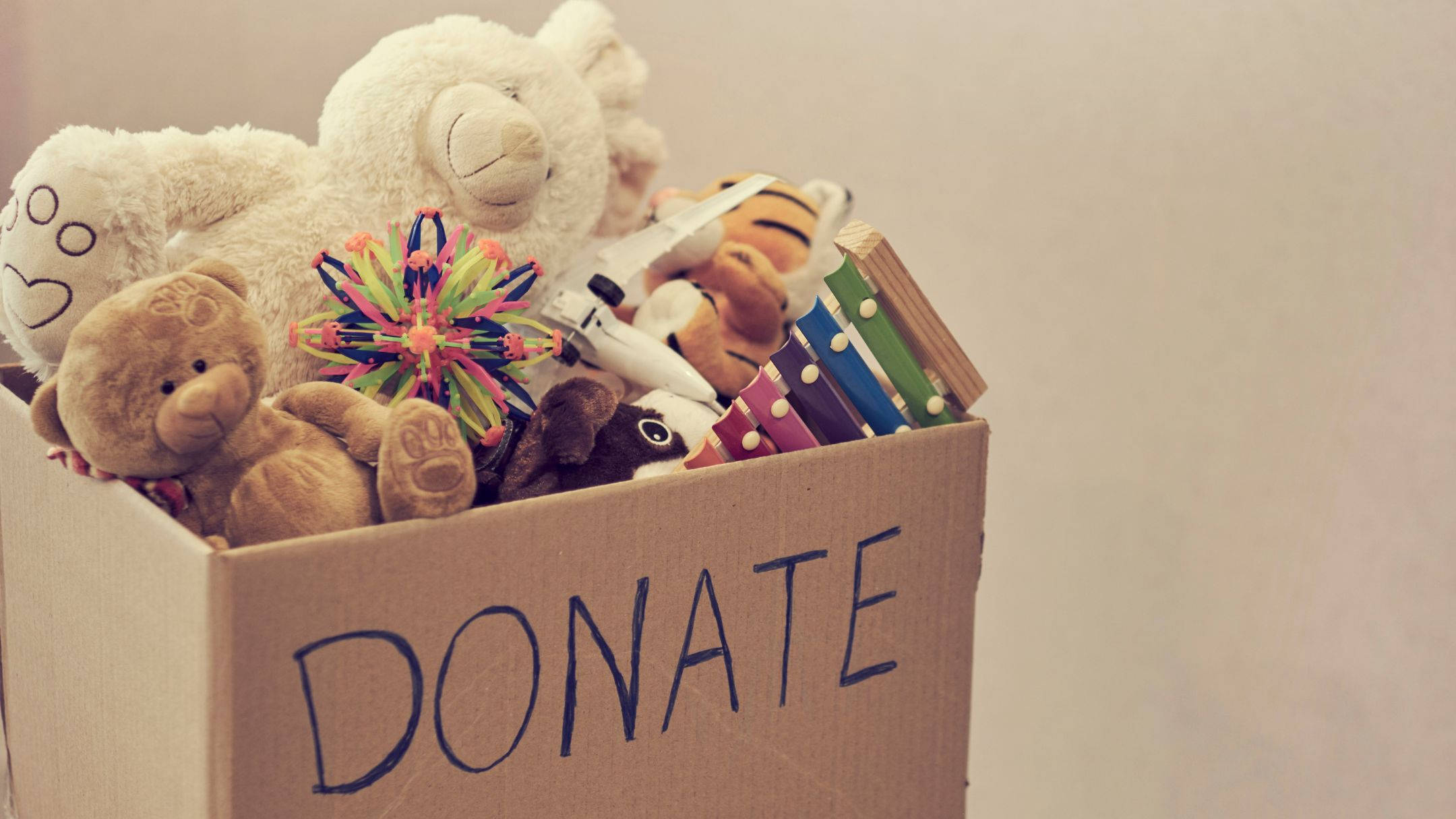 donation box, stuffed animals, colorful children's toys, Full HD Desktop Wallpaper