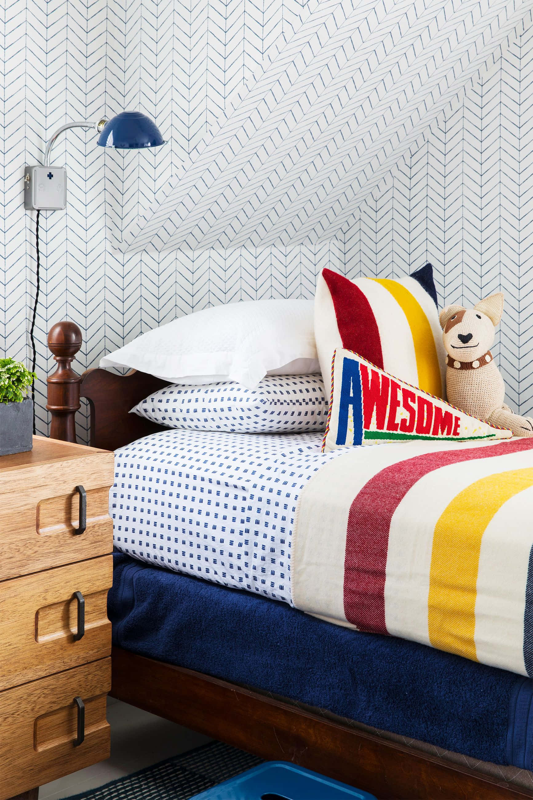 toy dog, kids bed, striped blanket, 2K Phone Wallpaper