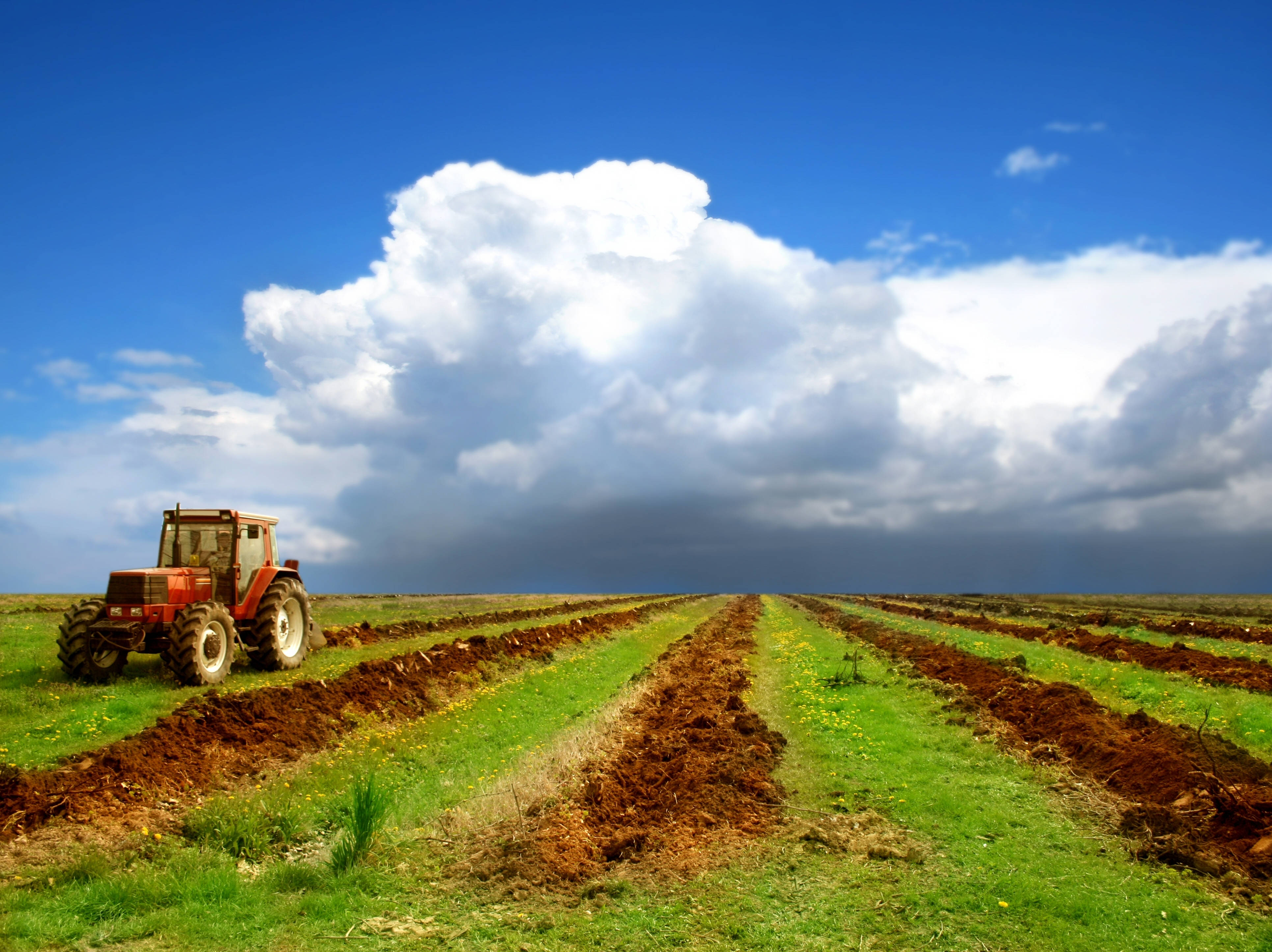 red tractor, freshly tilled field, vast sky, 4K Desktop Wallpaper