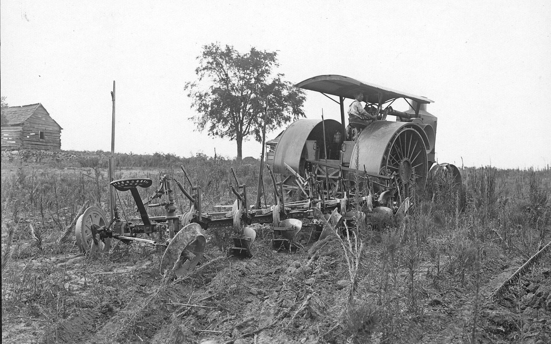 vintage steam tractor, large wheels, plow, Full HD Desktop Wallpaper
