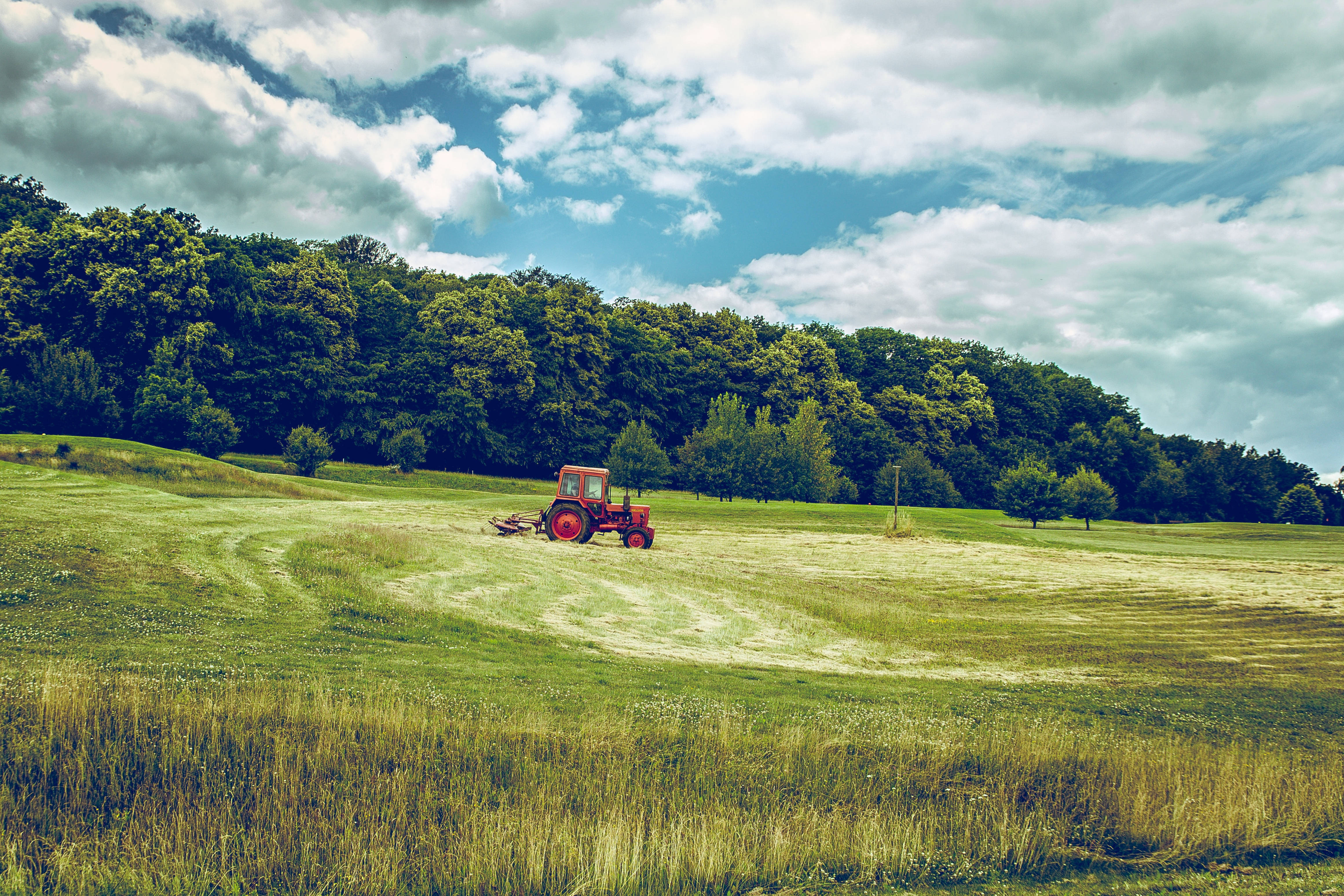 vintage red tractor, sunlit green field, dramatic cloudy sky, 4K Desktop Wallpaper