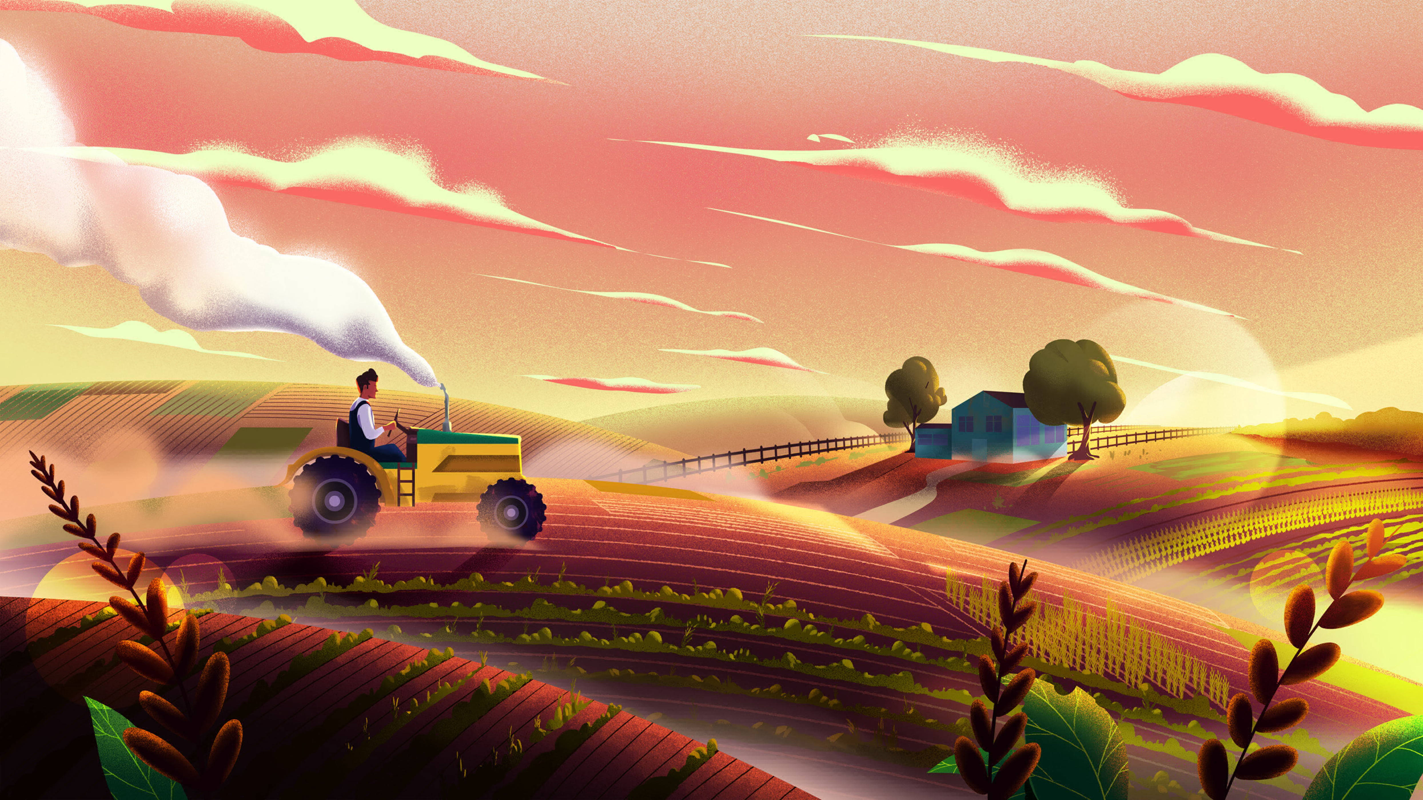 yellow tractor, rolling farmland, vibrant pink and orange sunset sky, 4K Desktop Wallpaper