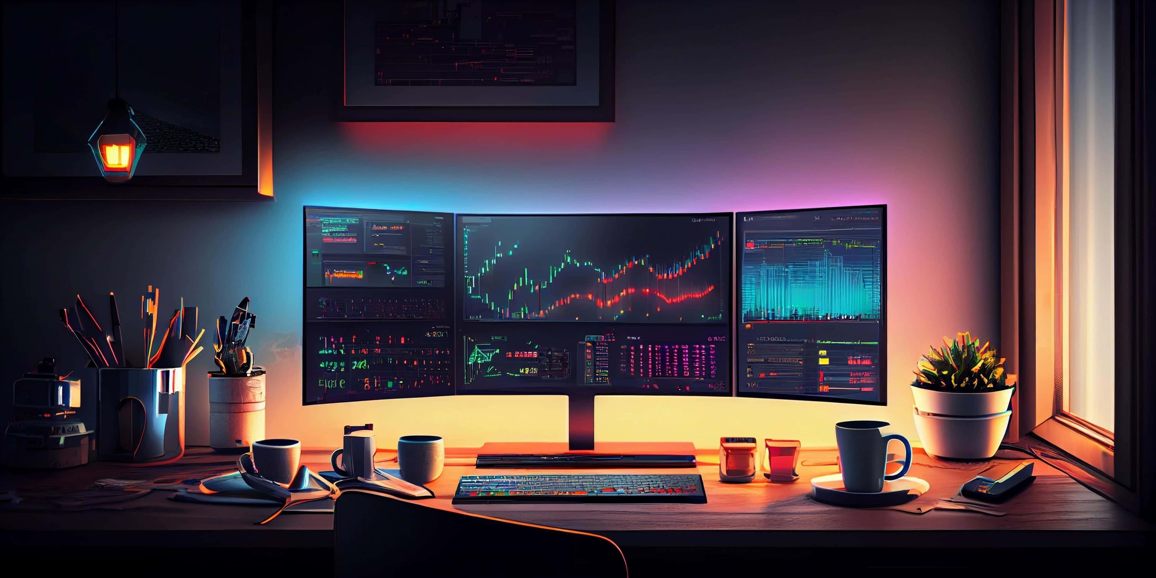 nighttime trading station setup, dimly lit home office, dusk, 4K Desktop Wallpaper