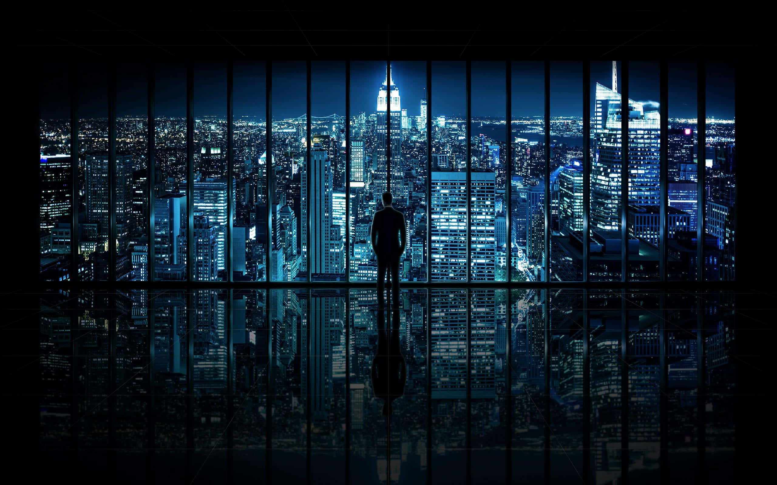 Cityscape Trader Contemplation, glass wall, sprawling cityscape, 2K Desktop Wallpaper
