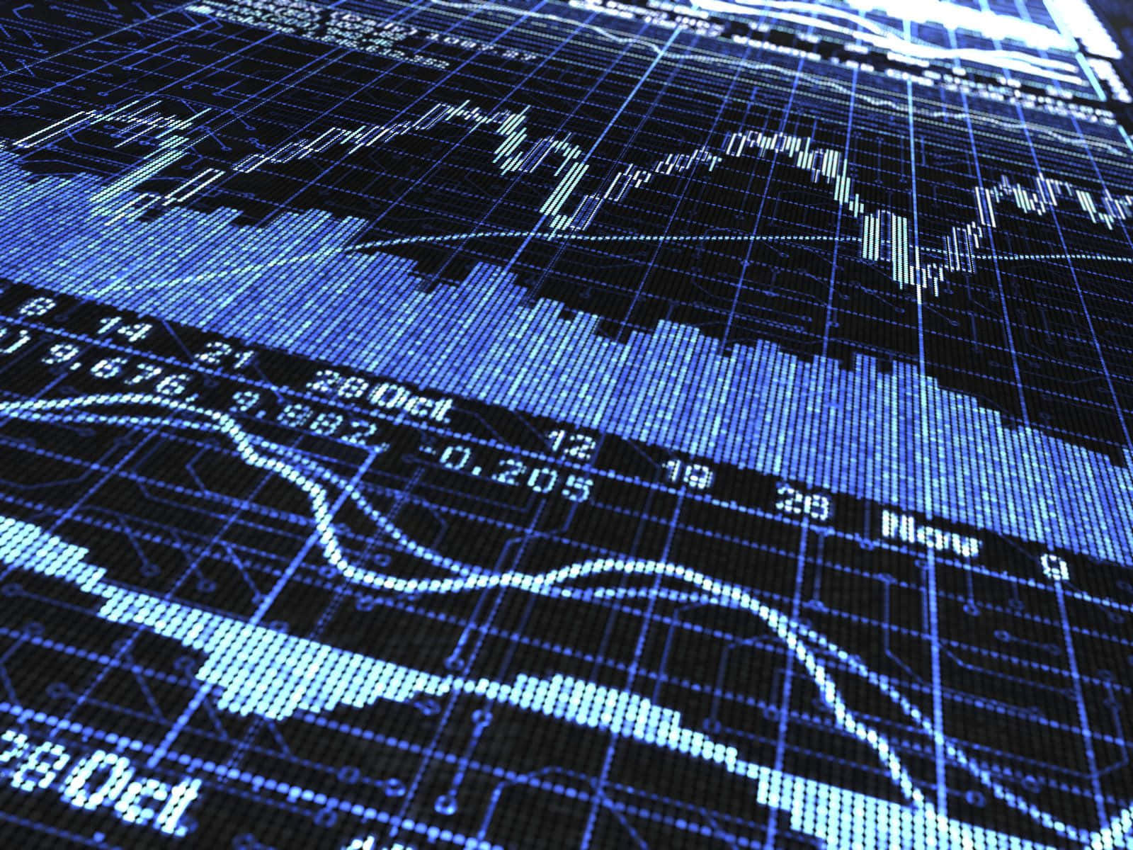 Trading, glowing blue financial stock charts, dark digital screen, HD Desktop Wallpaper