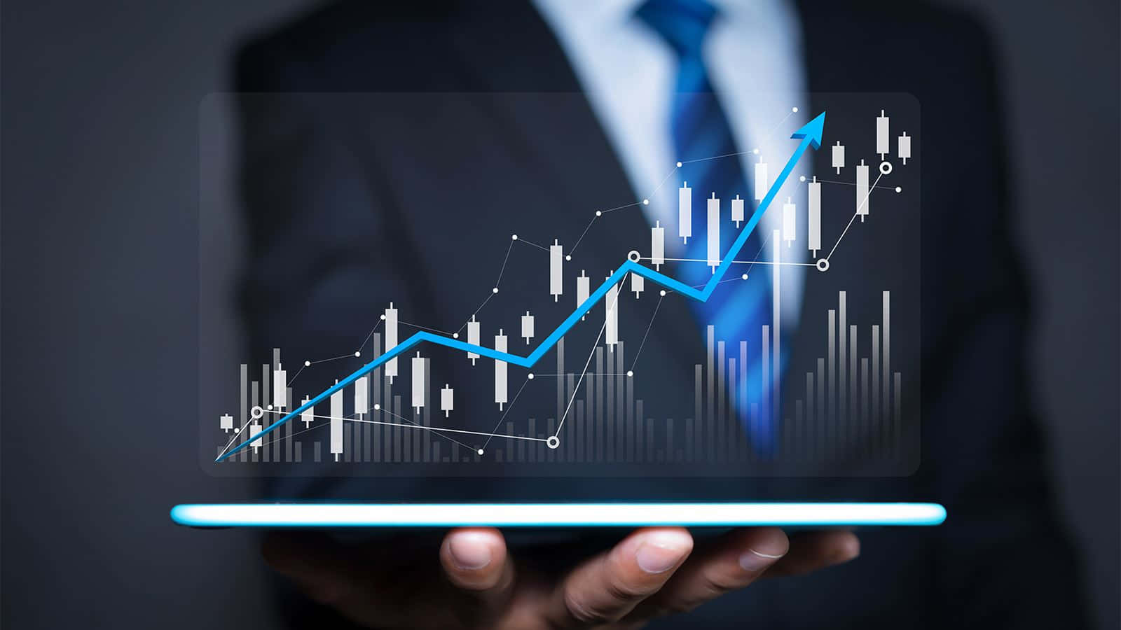 Trading, glowing tablet, rising blue stock chart, HD Desktop Wallpaper