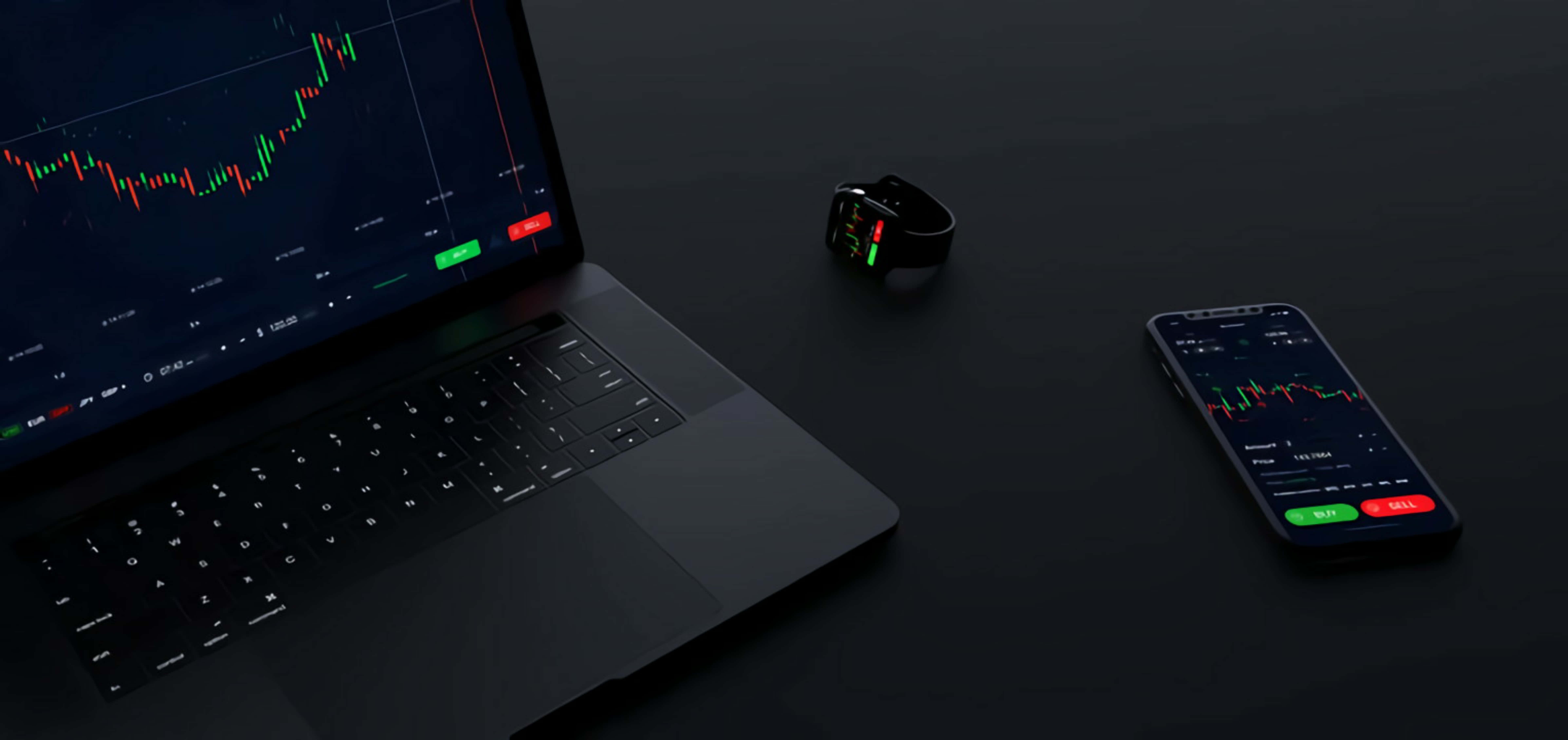 Trading, dark desk setup, laptop, 8K Desktop Wallpaper