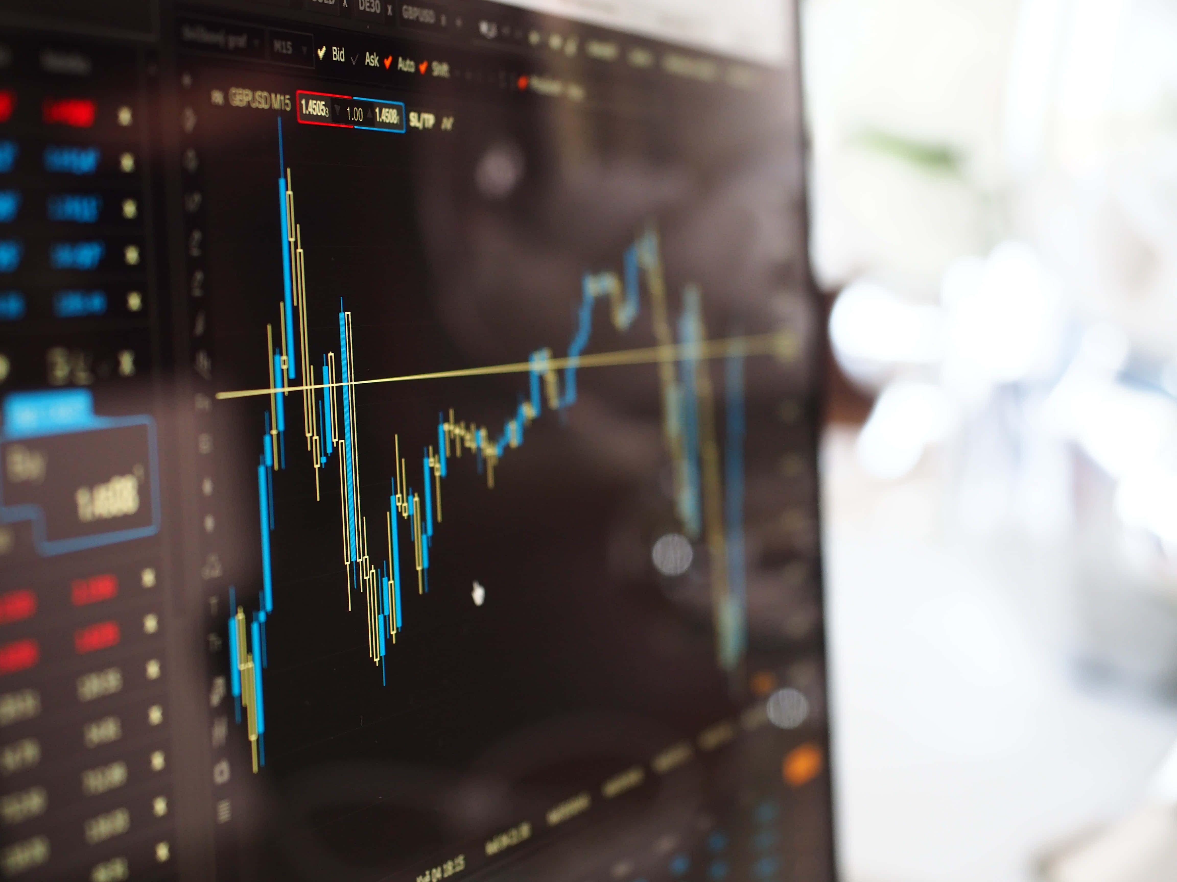 Trading, candlestick chart, blue and yellow lines, 4K Desktop Wallpaper