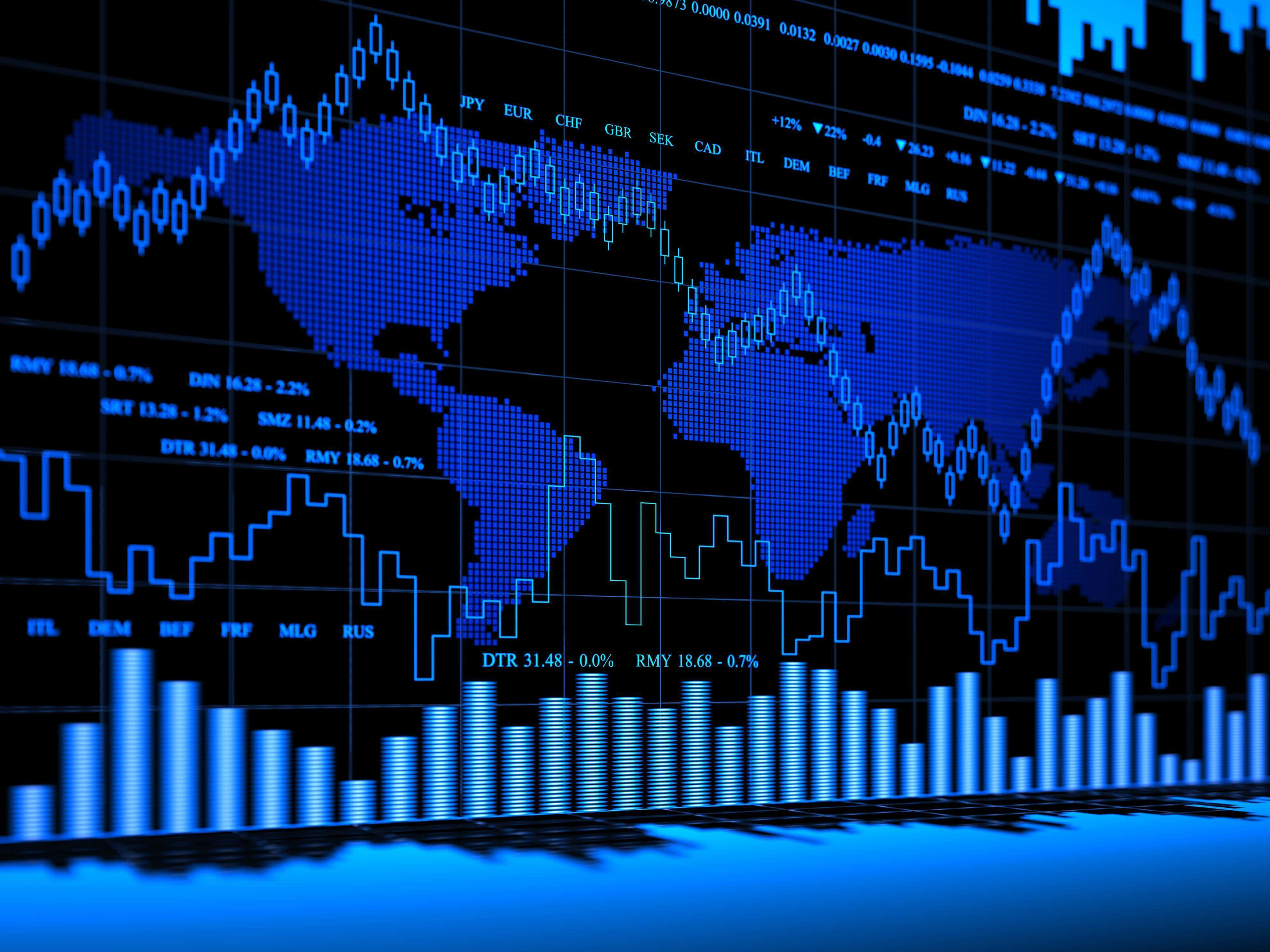 Trading, glowing blue digital stock chart, pixelated world map, 4K Desktop Wallpaper