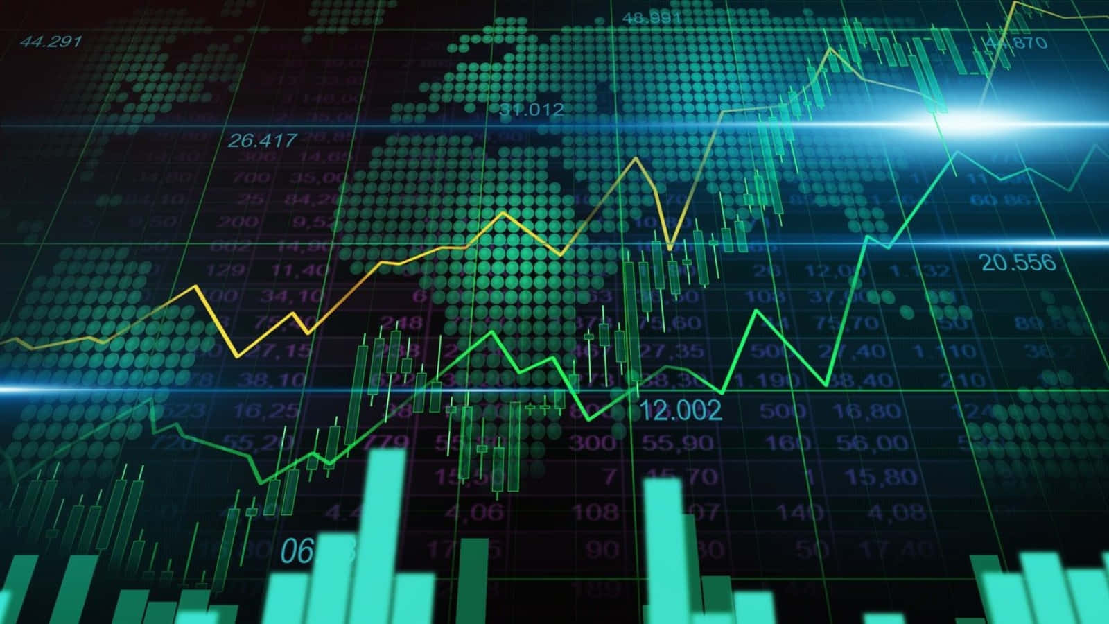 Trading, glowing green, yellow stock charts, HD Desktop Wallpaper