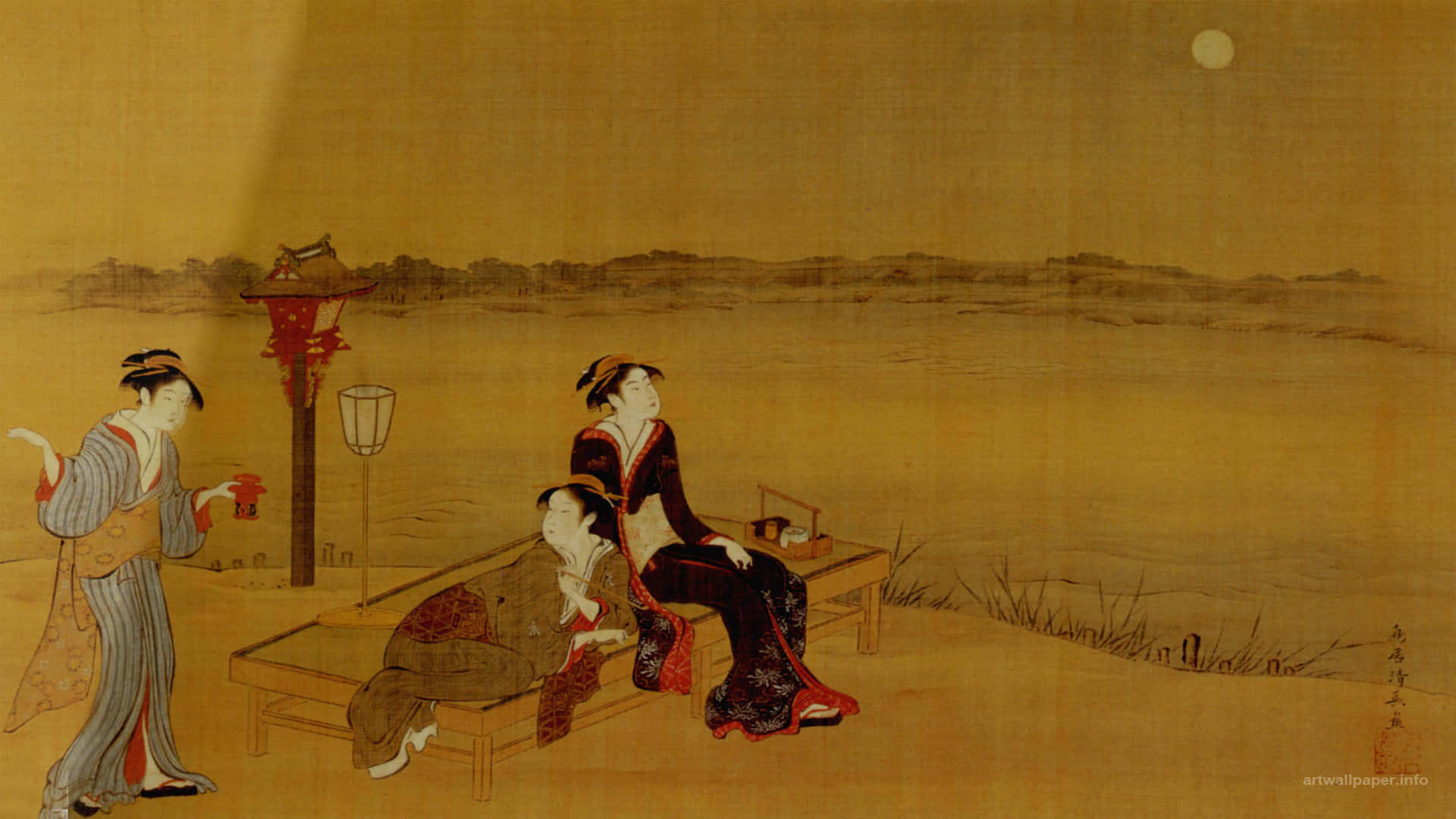 geishas, tranquil riverbank, full moon, Full HD Desktop Wallpaper