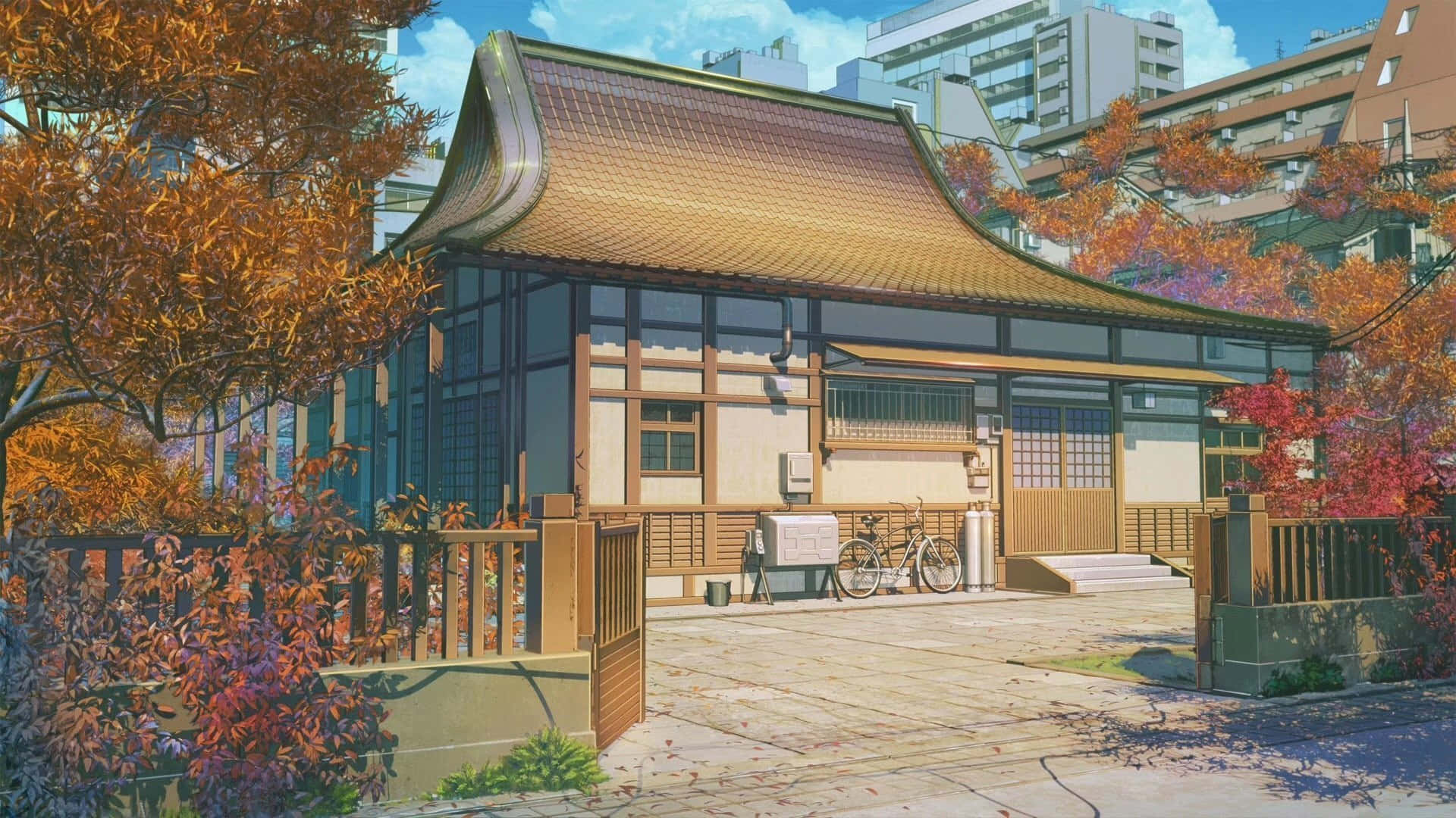 traditional Japanese house, curved roof, autumn foliage, Full HD Desktop Wallpaper