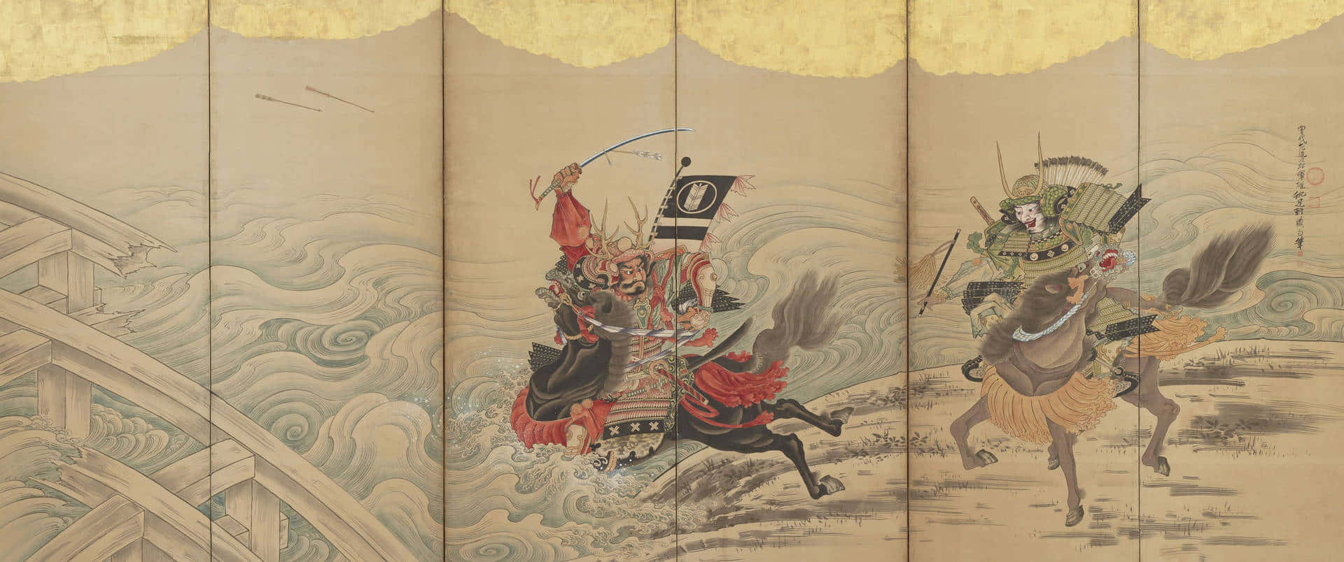 samurai warriors, galloping horses, swirling waves, Full HD Desktop Wallpaper