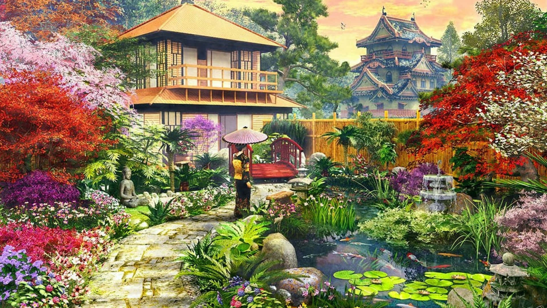 Japanese garden, stone path, vibrant flowers, Full HD Desktop Wallpaper
