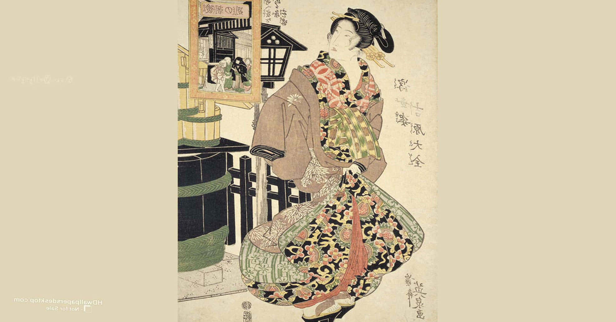 traditional Japanese woodblock print, geisha, ornate kimono, Full HD Desktop Wallpaper