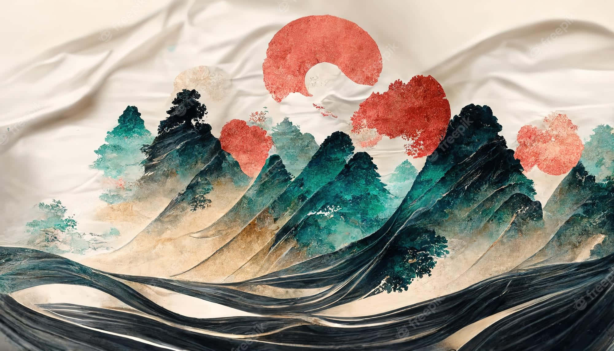watercolor-style, mountain landscape, red suns, Full HD Desktop Wallpaper
