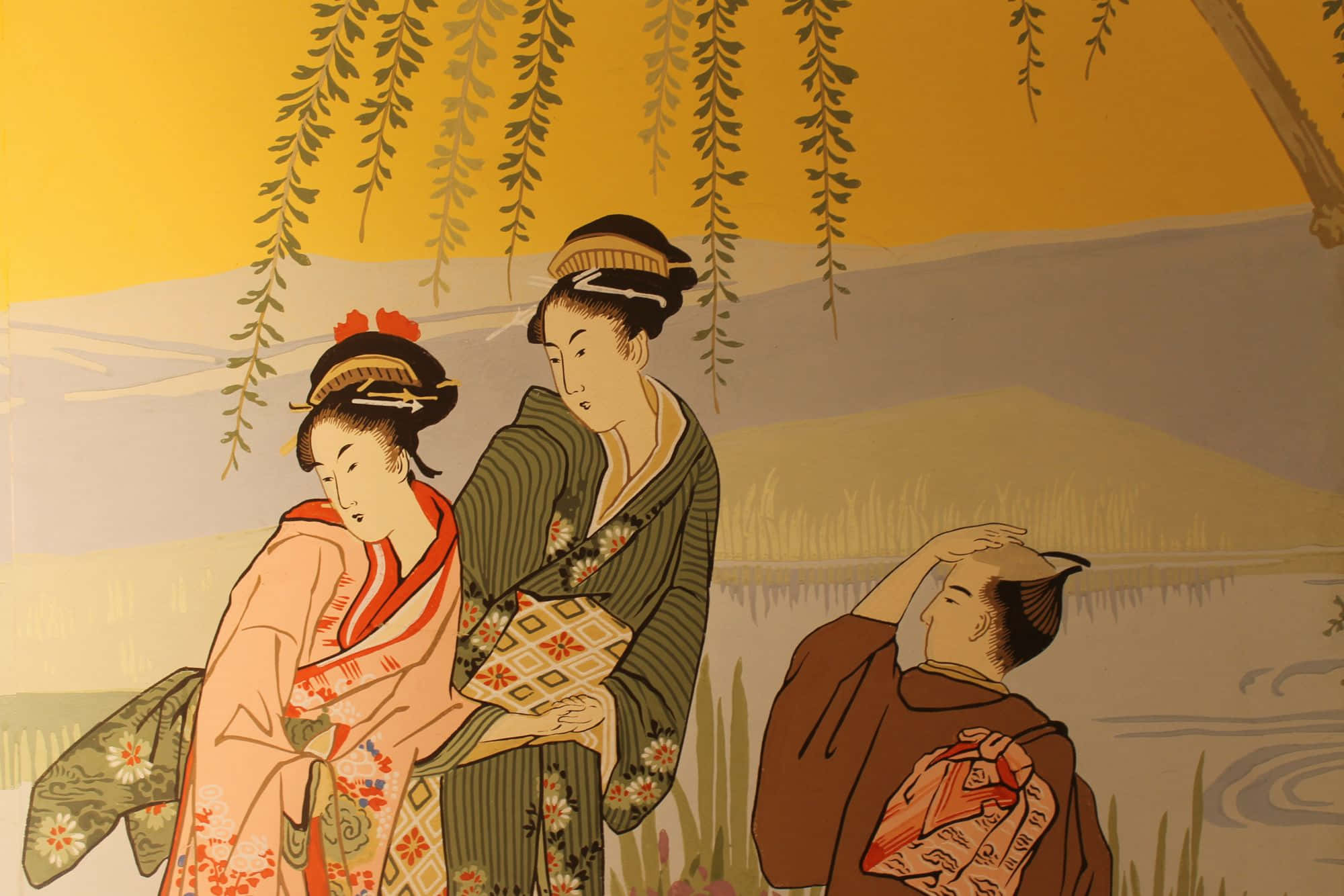 traditional kimonos, robe, weeping willow branches, Full HD Desktop Wallpaper