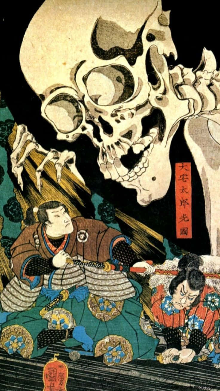 ukiyo-e style woodblock print, giant skull, two samurai warriors, HD Phone Wallpaper