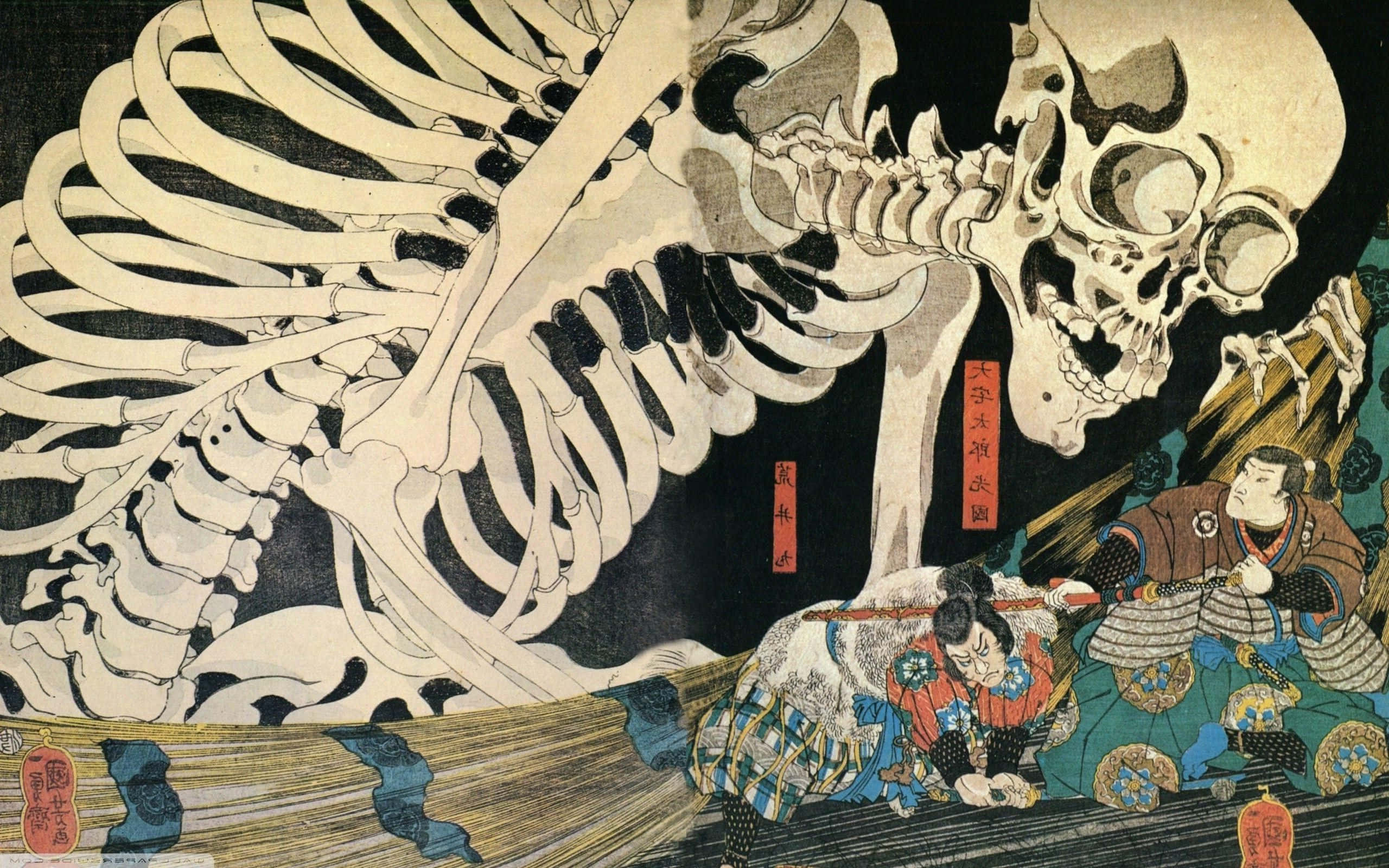 ukiyo-e woodblock print, skeletal monster, samurai warriors, 2K Desktop Wallpaper