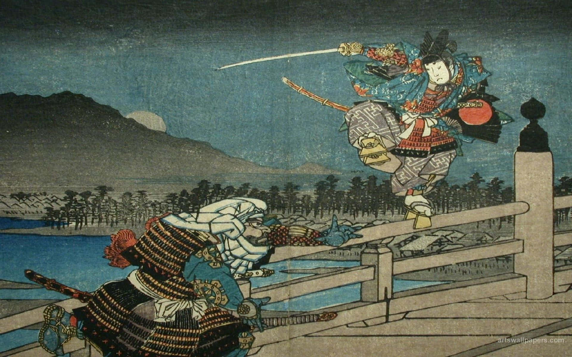 samurai, wooden bridge, sword, Full HD Desktop Wallpaper