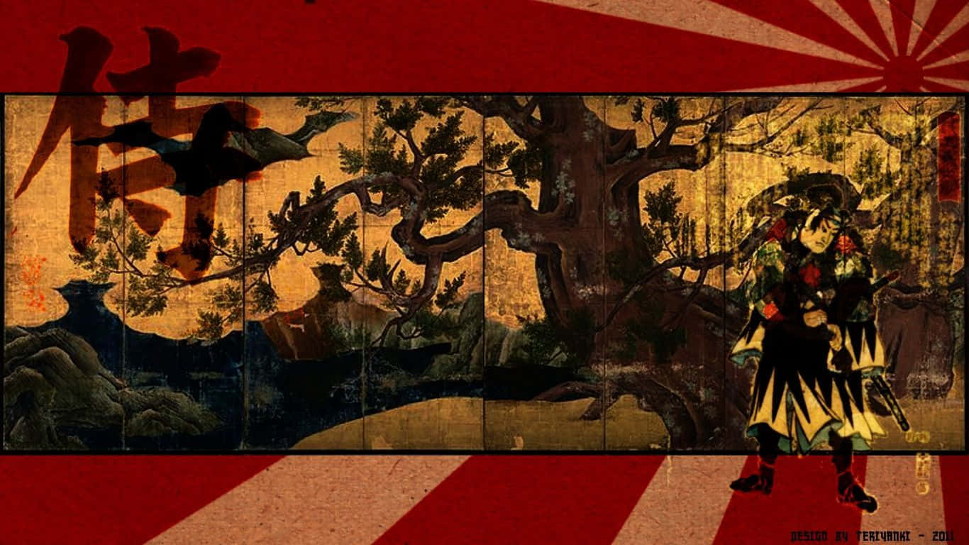 samurai warrior, gnarled pine tree, traditional Japanese screen painting, HD Desktop Wallpaper