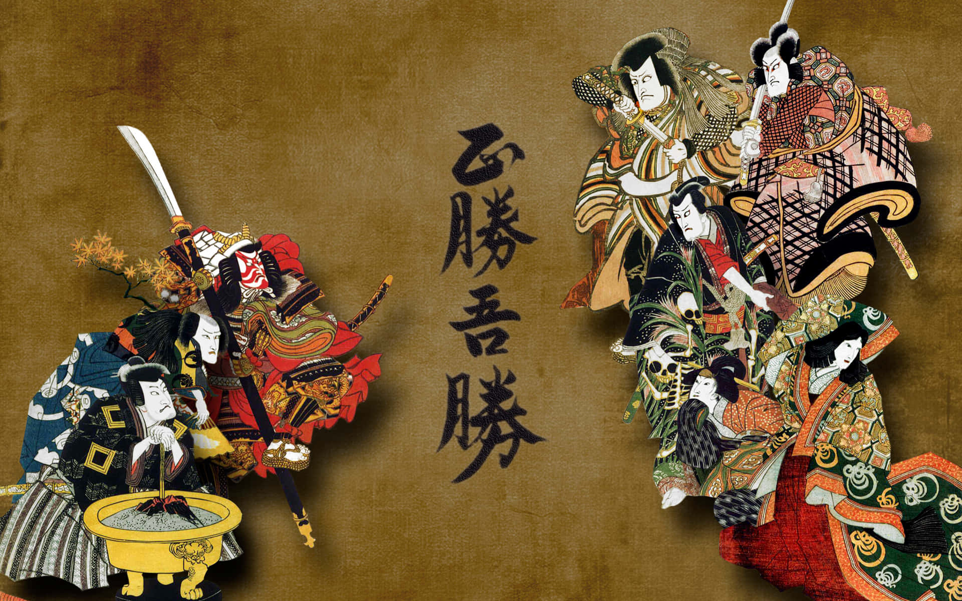 Japanese woodblock print style, warriors, bold colors, Full HD Desktop Wallpaper