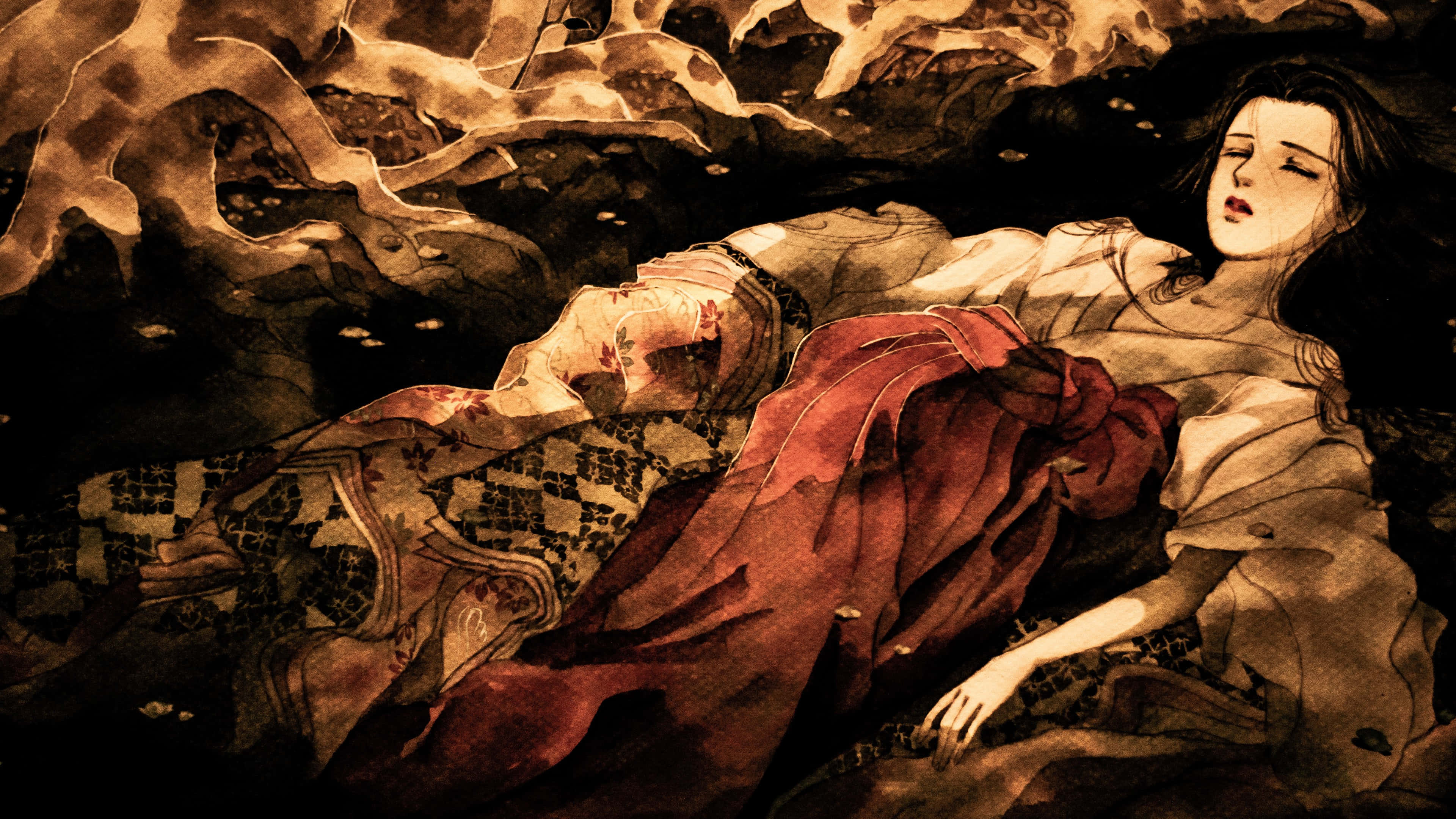 Traditional Japanese Art, red and patterned robes, swirling golden-brown smoke, 4K Desktop Wallpaper